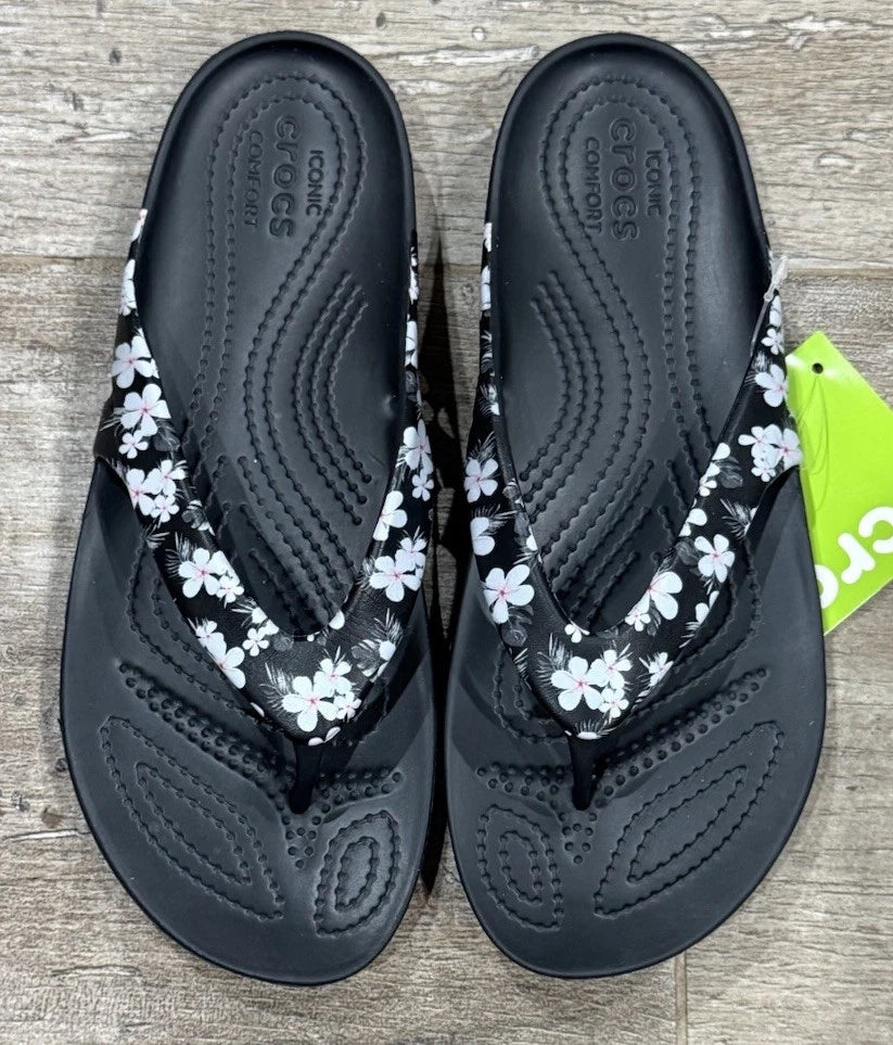 NEW CROCS W7 KADEE II TROPICAL FLORAL / BLACK FLIP.  RELAXED FIT. STYLE 205635