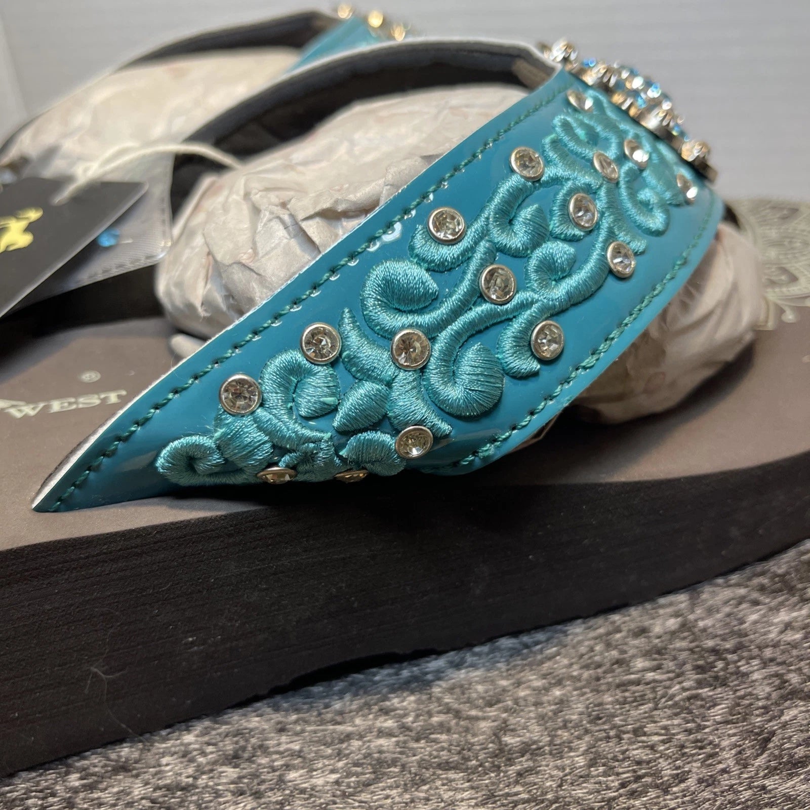 Montana West Teal Scroll Rhinestones/Studs Western Style Wedge Sandals Sz11-11.5