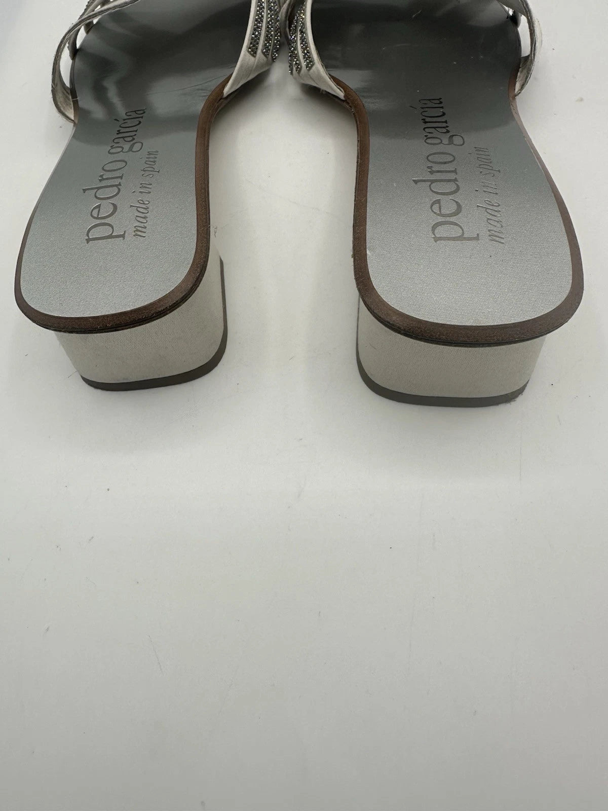 Pedro Garcia Light Gray Satin Swarovski Strap Slide Low-Heel Sandal Women Sz 38