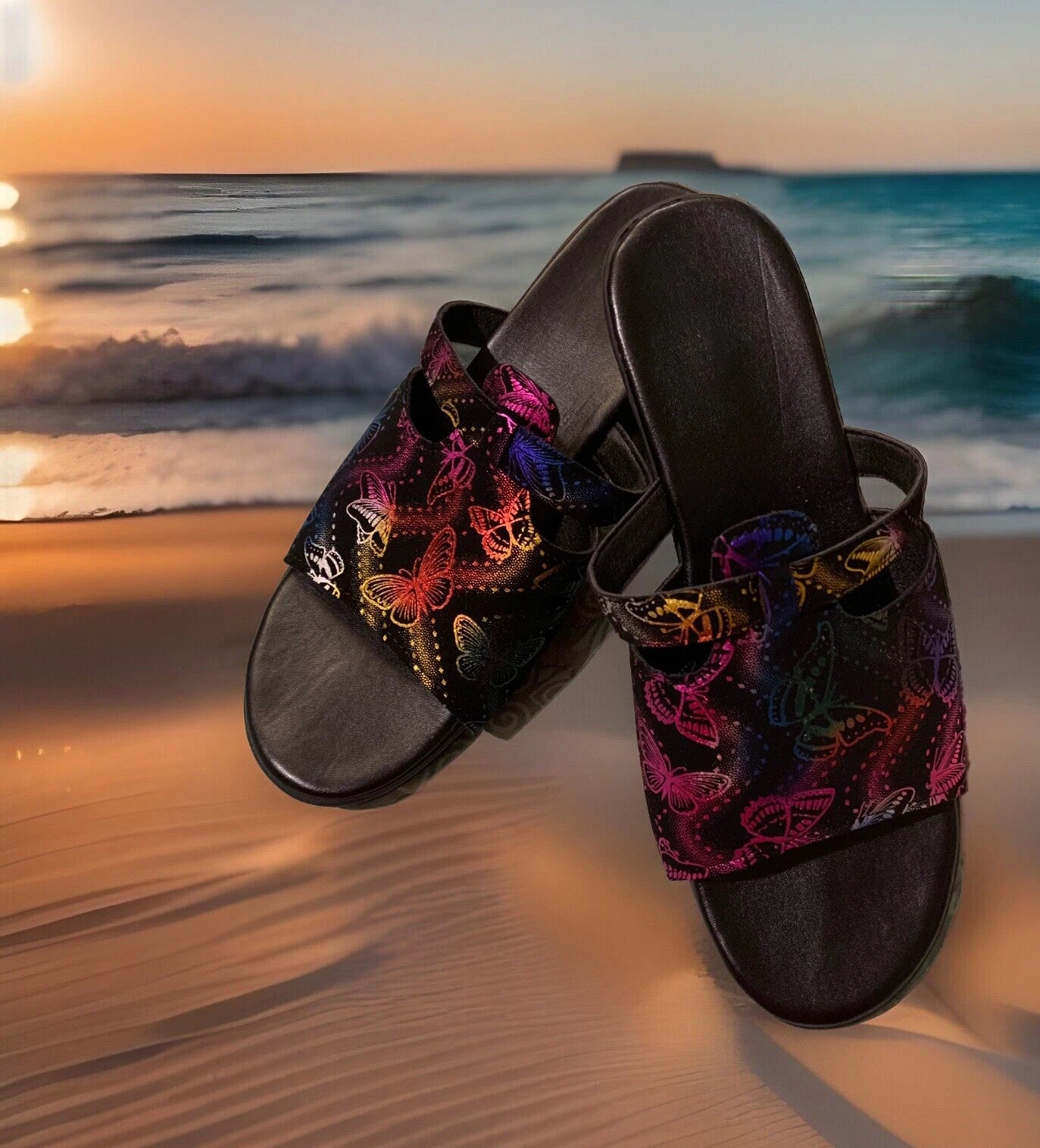 FASHION Metallic Rainbow Butterfly Slip-On Wedge Heel Sandals Size 9 / 40 NEW