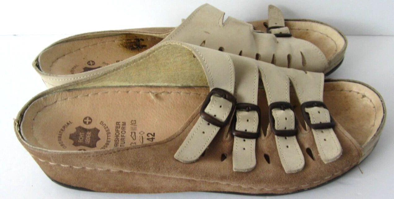 Echt Leder Sandals Womens Strappy Slides Tan/Taupe Leather Size 42 US 10.5-11