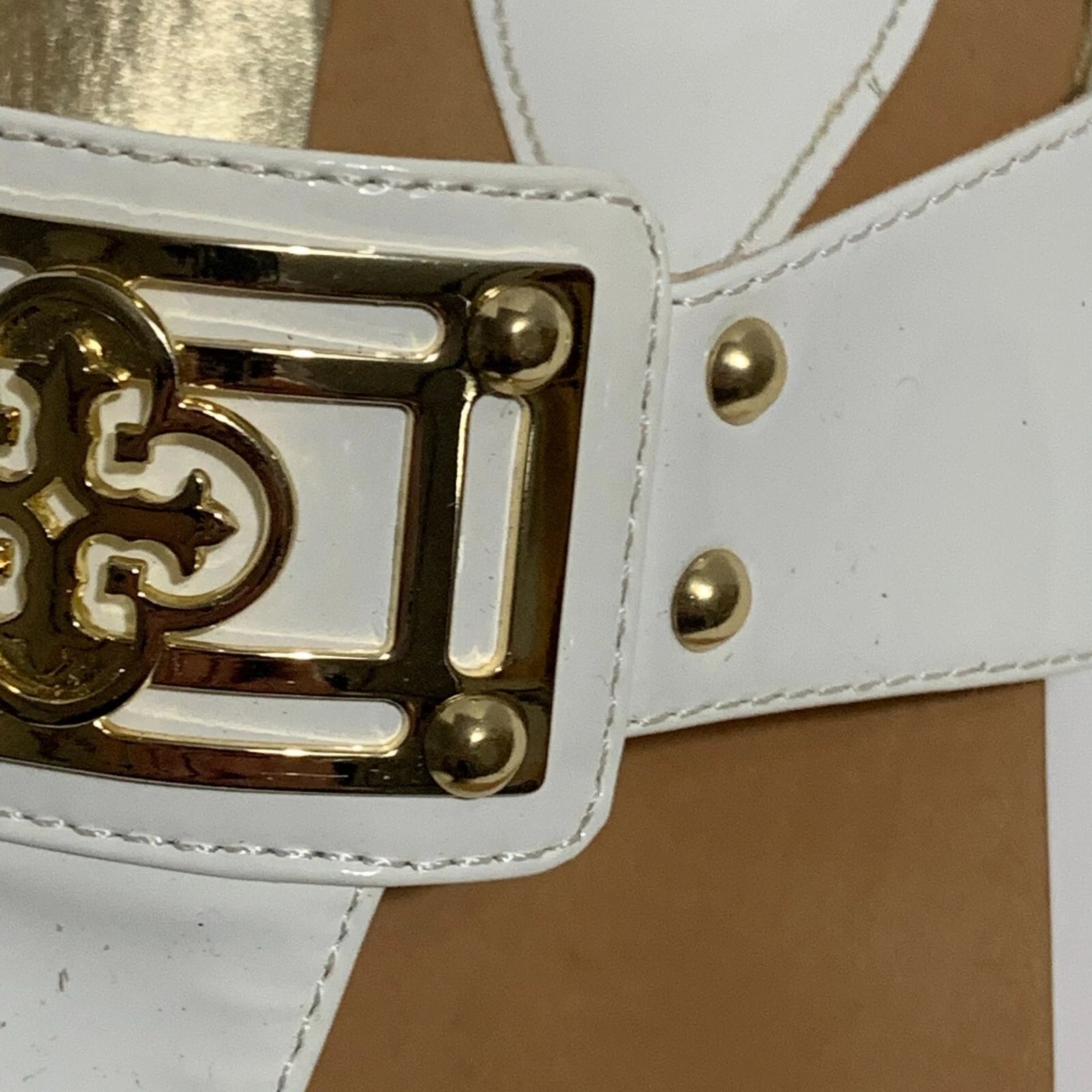 Isola White Gold Thong Sandal Flat Dress Shoe Open Heel Slide Women 7.5