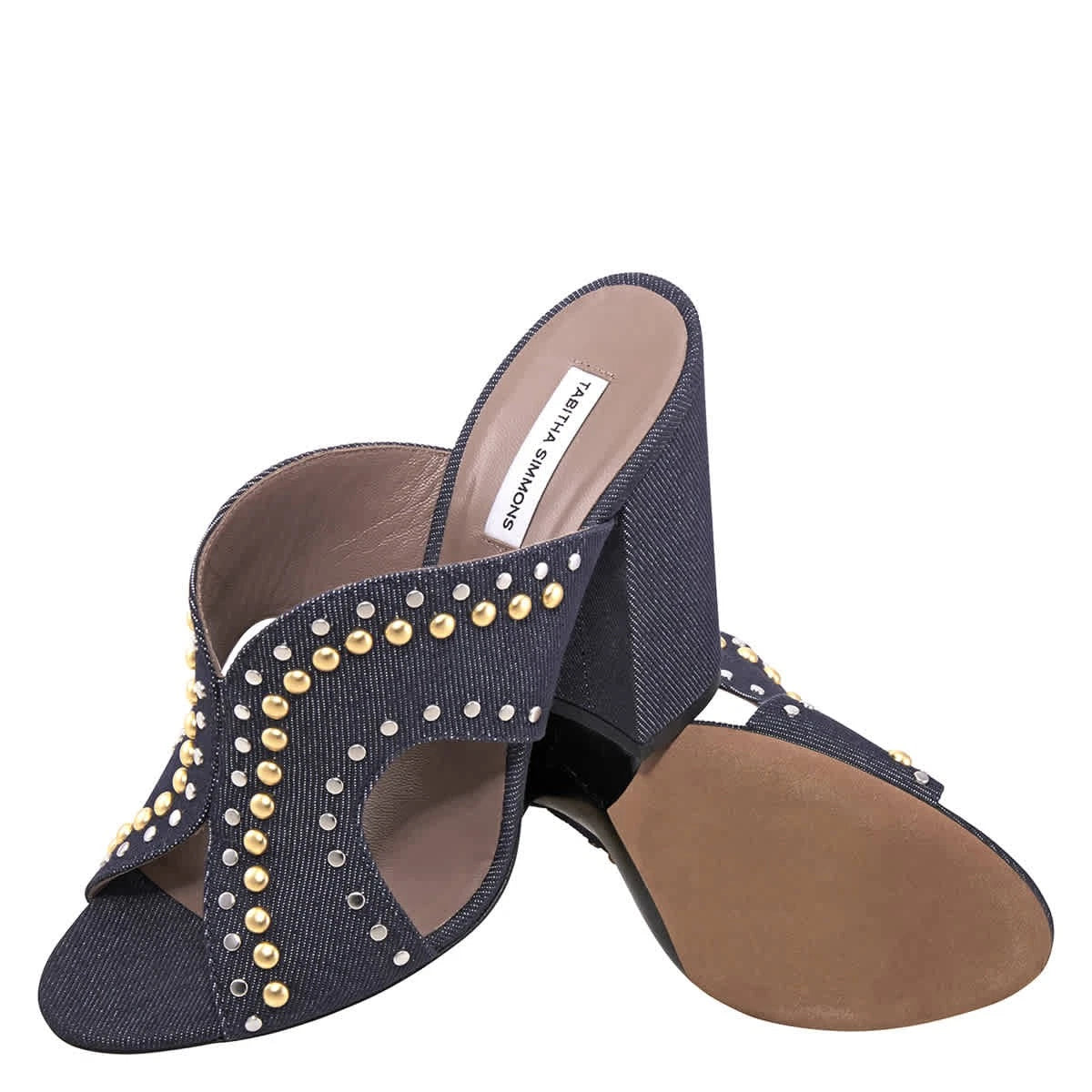 Tabitha Simmons Celia Studded 100mm Denim Slide Sandals, Brand Size 38 (US Size