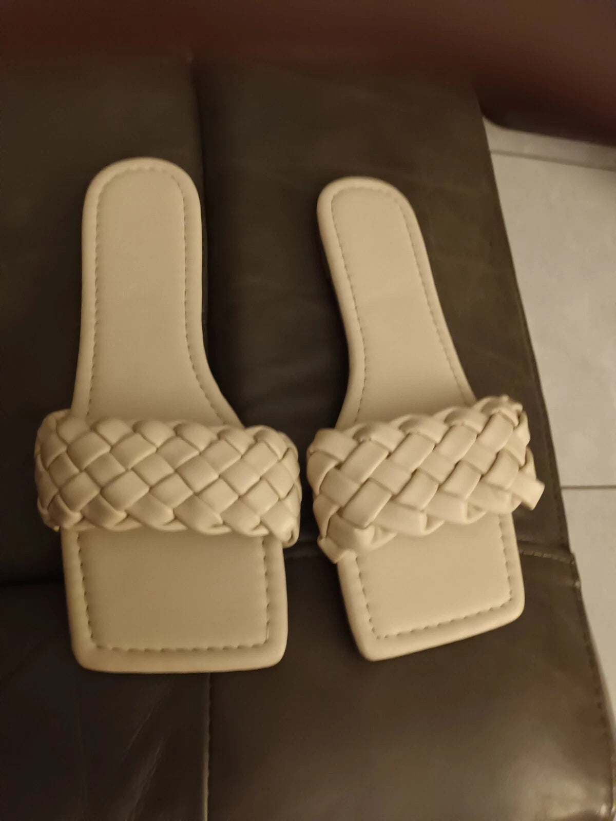 H&M SquareToe Braided Cream Padded Slides Size 5