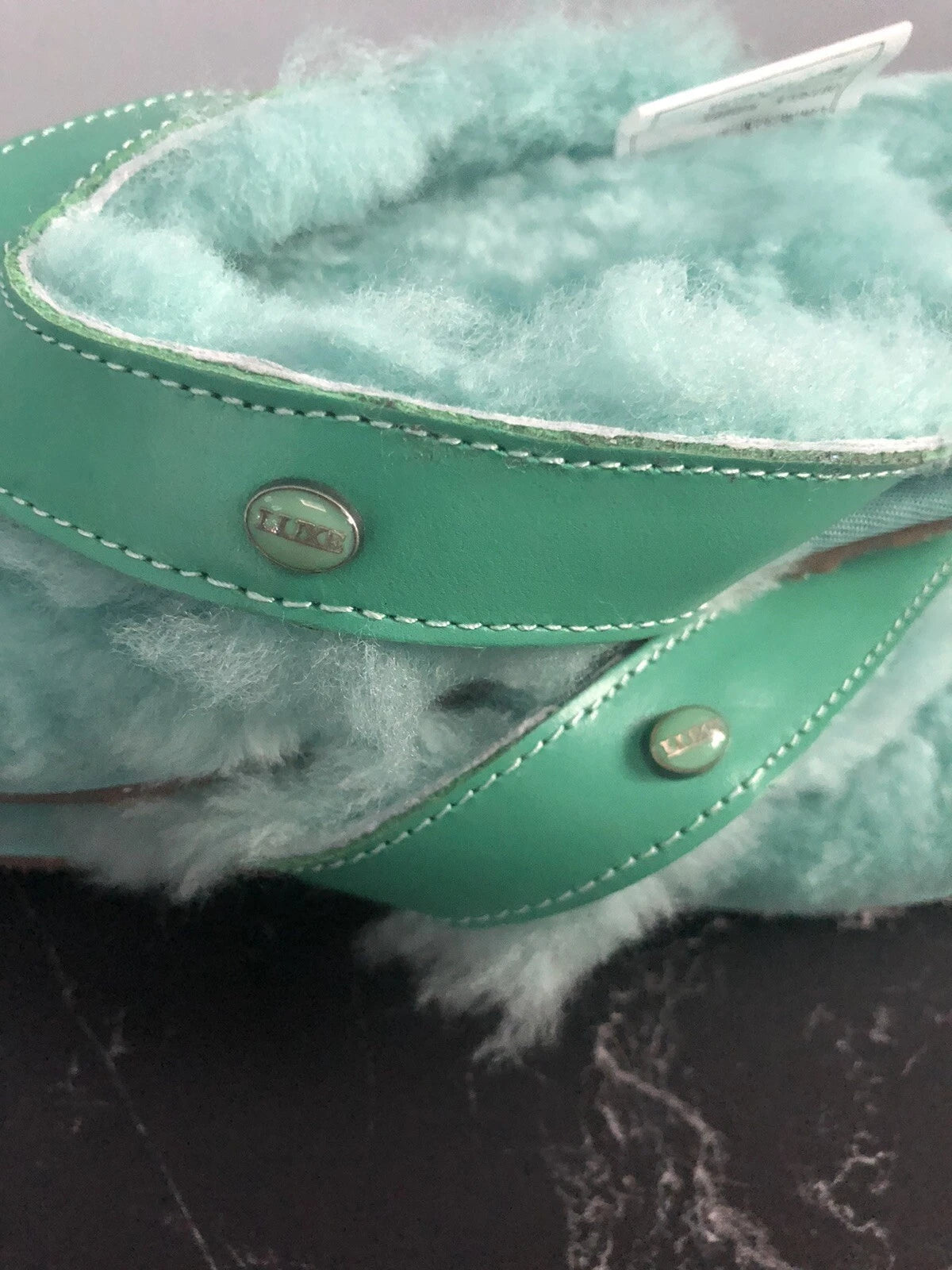 AUSTRALIA LUXE Slide Sheepskin Flip Flops Turquoise Flat Leather Sandals *S/ 6-7