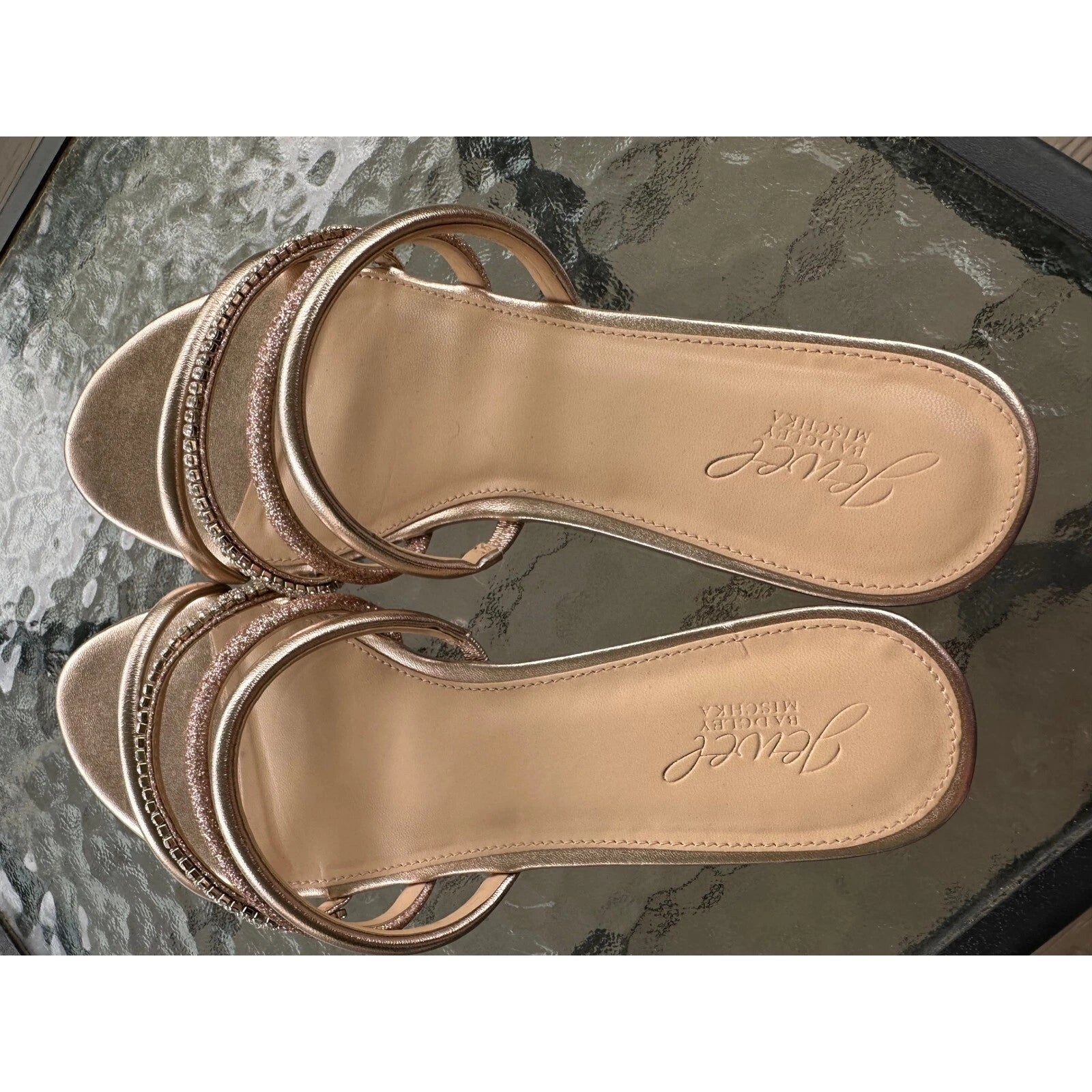 Jewel Badgley Mischka Sandals Rhinestone Straps Slides Sparkle Gold 9.5