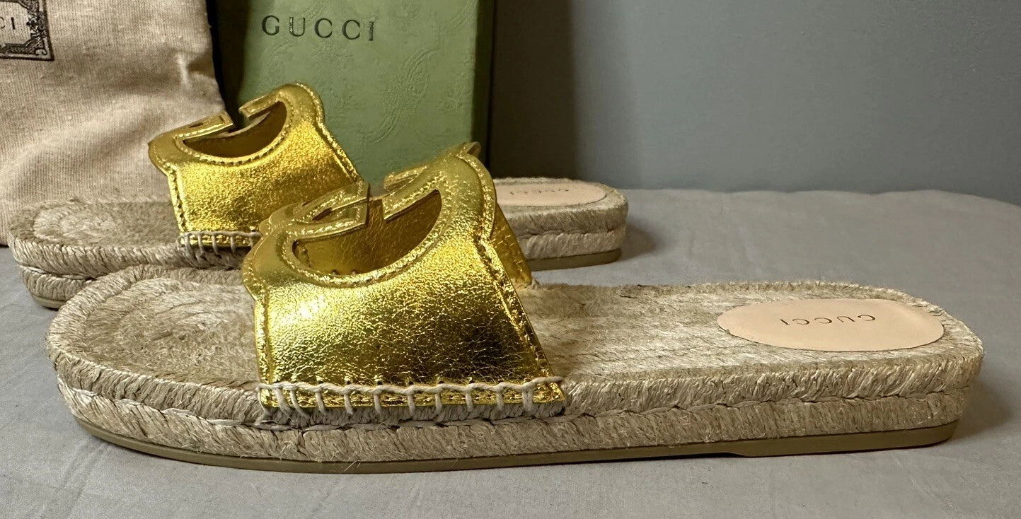 Gucci Interlocking G Cut Out Espadrille Sandals Women Size 39.5 (US 9.5) Authent