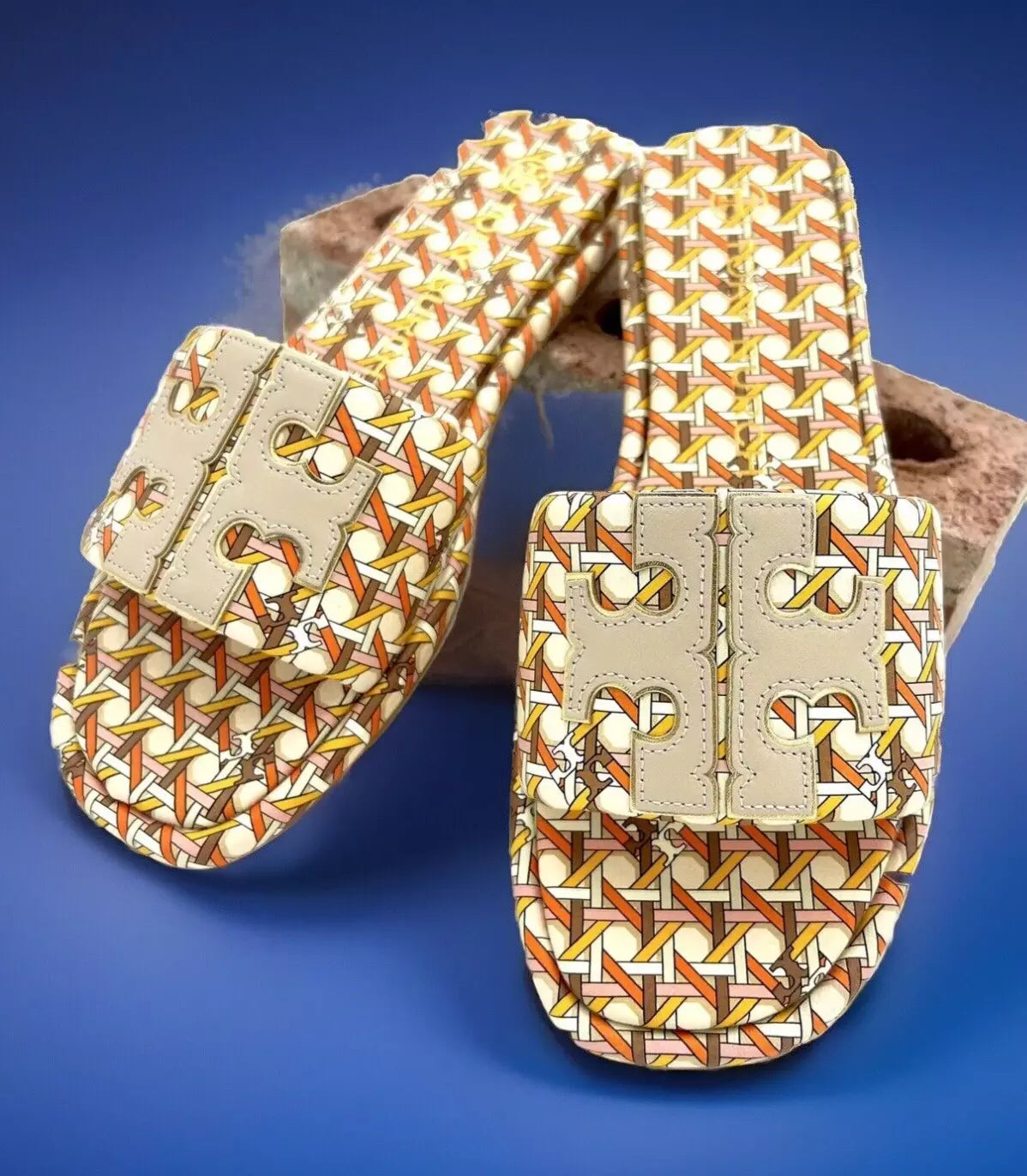 TORY BURCH DOUBLE T SPORT SLIDE SANDAL LEATHER MULTI PINK CANING/LOGO SZ 7.5 NIB