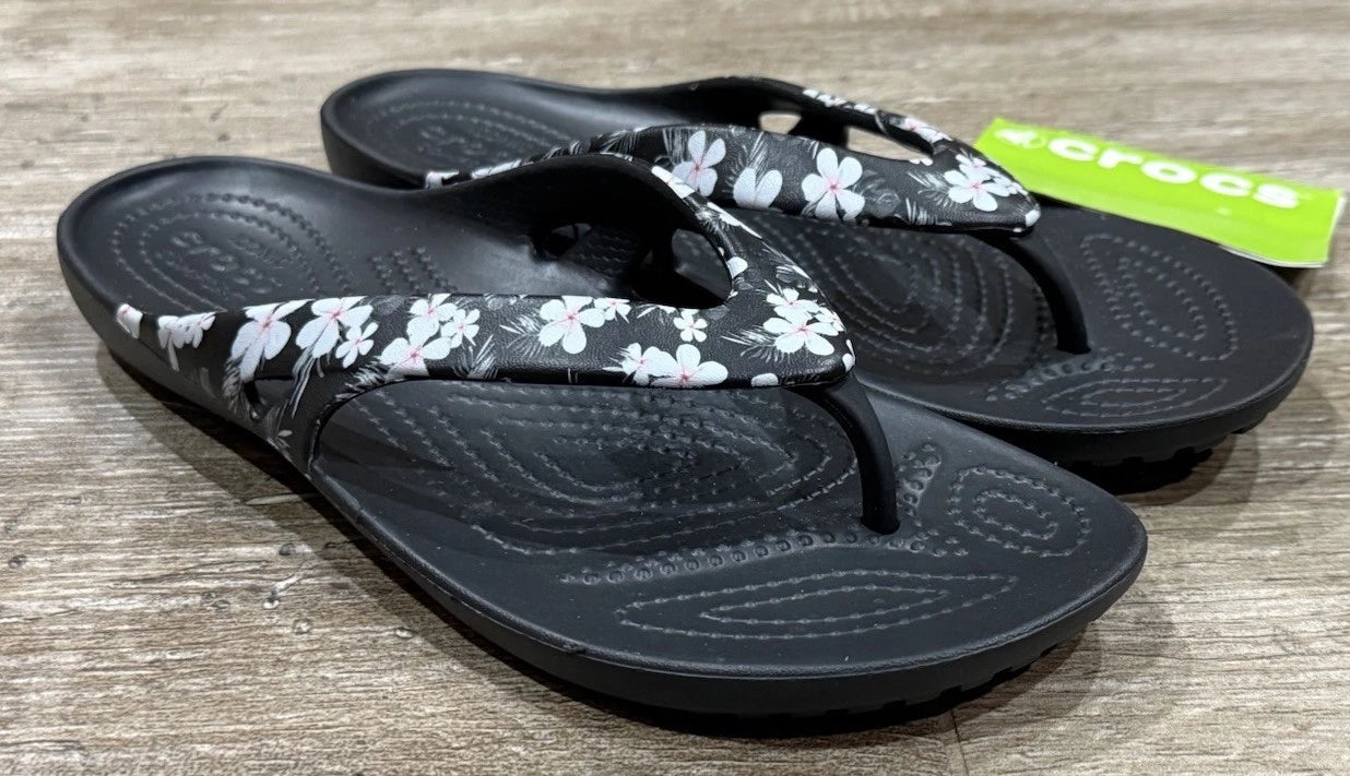 NEW CROCS W7 KADEE II TROPICAL FLORAL / BLACK FLIP.  RELAXED FIT. STYLE 205635