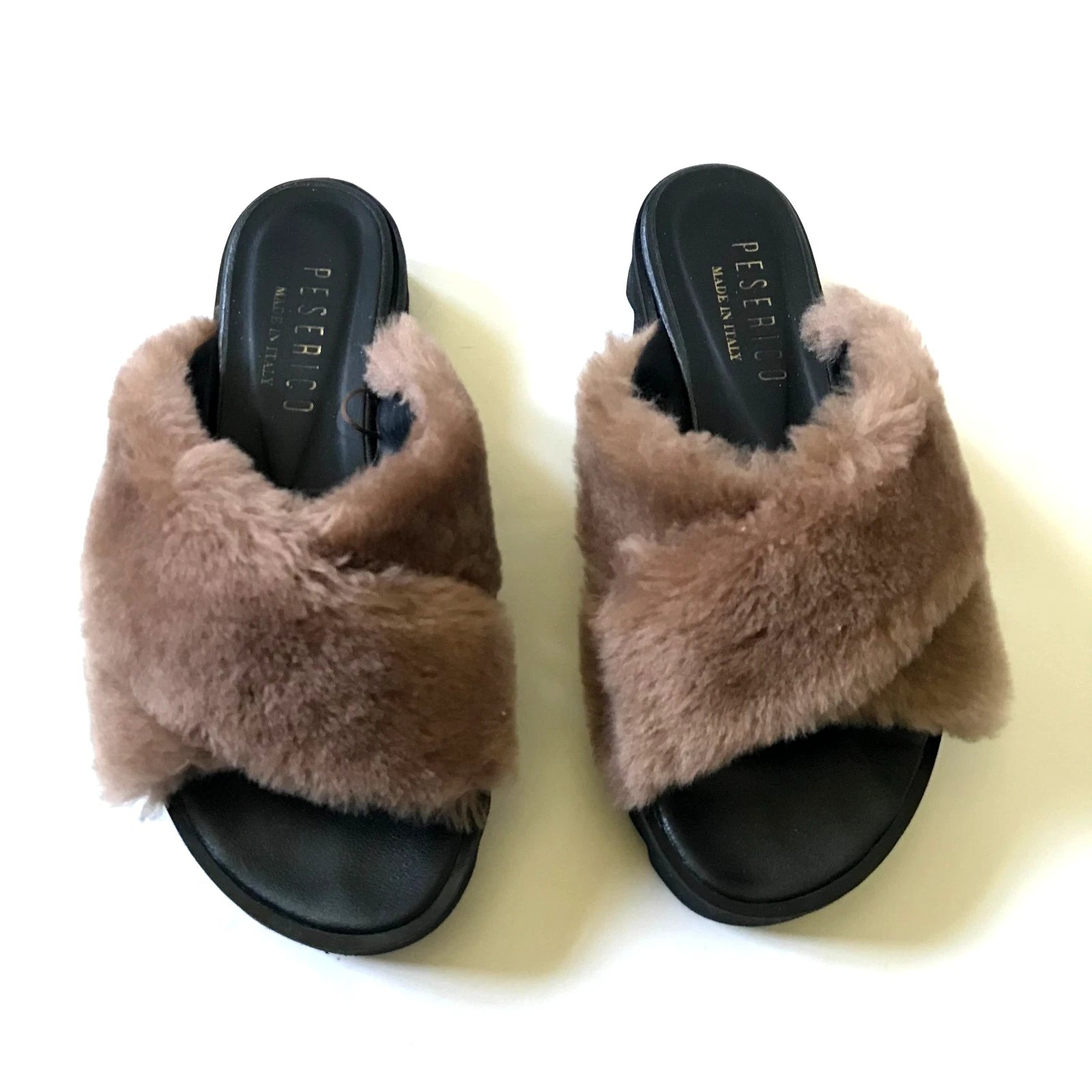 Peserico Slide Sandals Womens 36 6 Black Mauve Pink Fur Platform Slip On Fuzzy