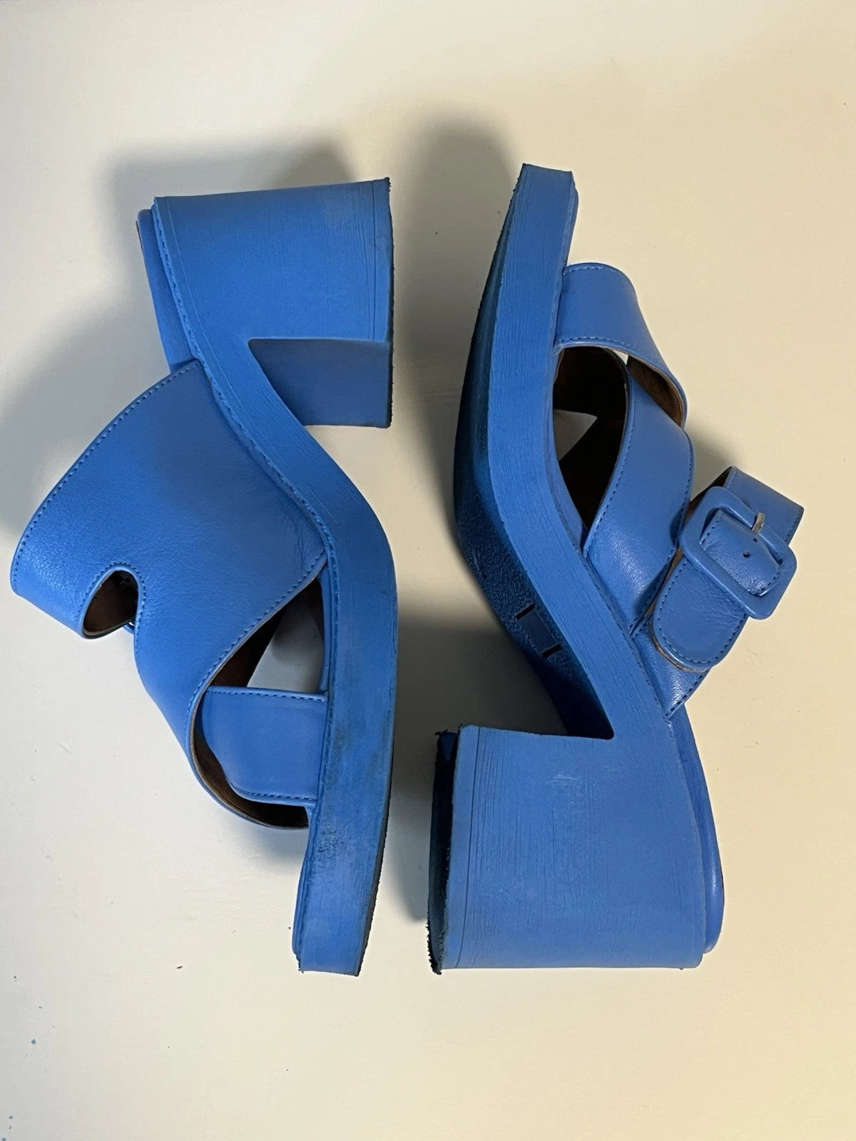 Bueno Leather Heeled Slide Sandals Milan style color blue EU40 US9.5 est 70s mod