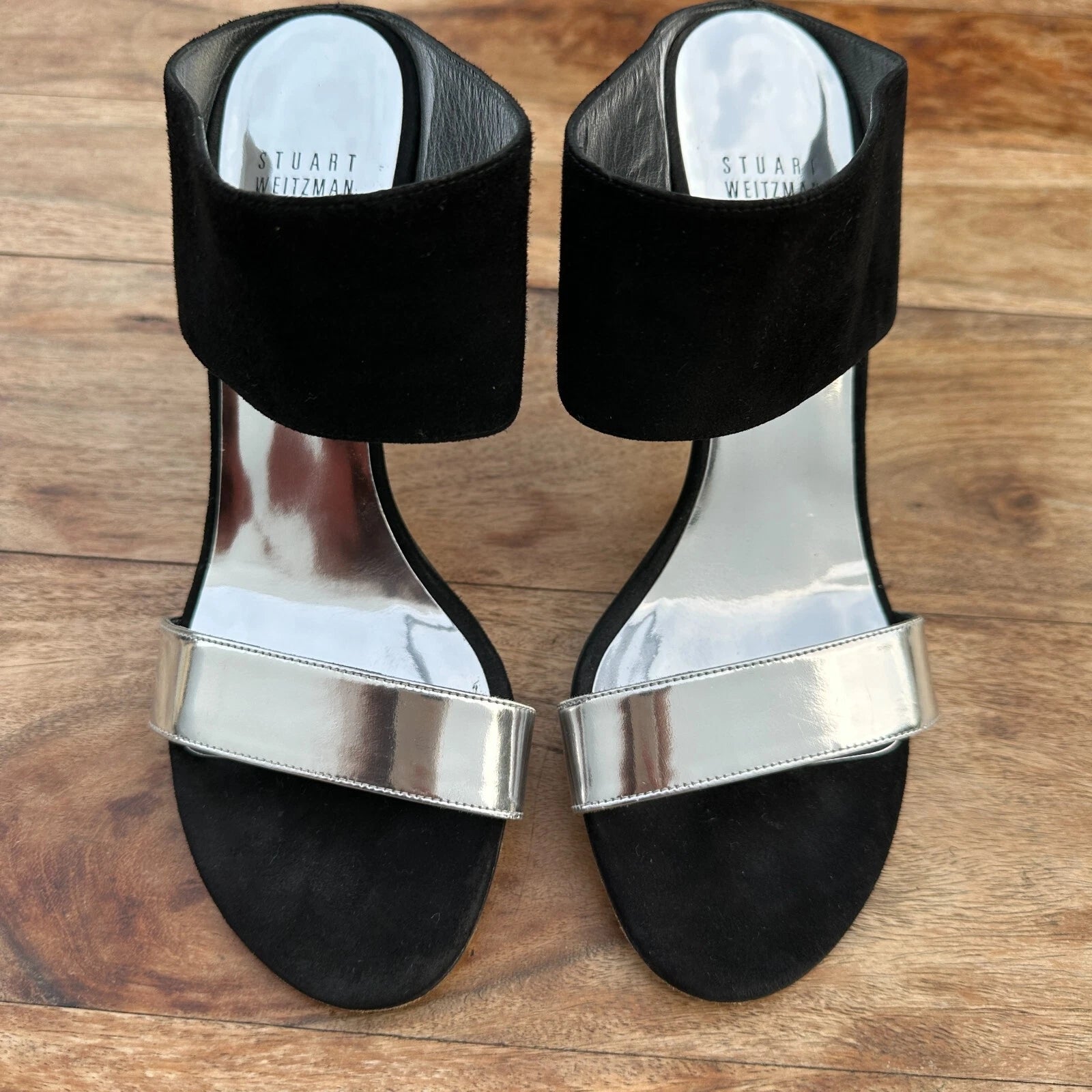 STUART WEITZMAN Slide Black Suede & Silver High Heels Size 8 Sandals Designer