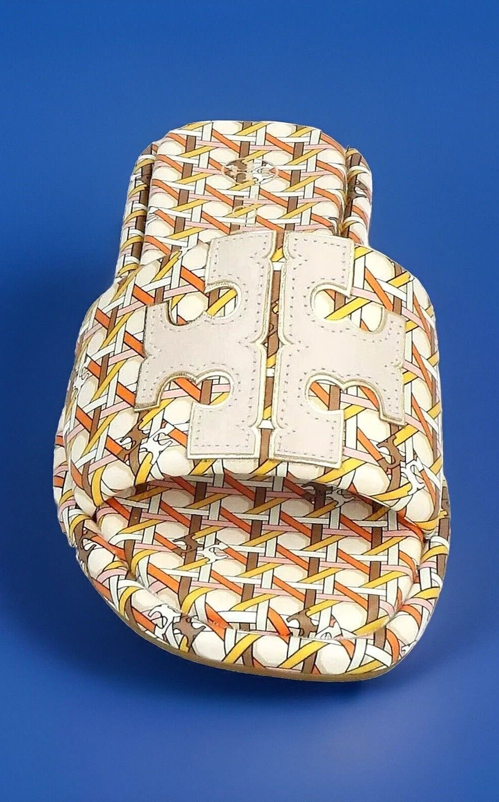 TORY BURCH DOUBLE T SPORT SLIDE SANDAL LEATHER MULTI PINK CANING/LOGO SZ 7.5 NIB