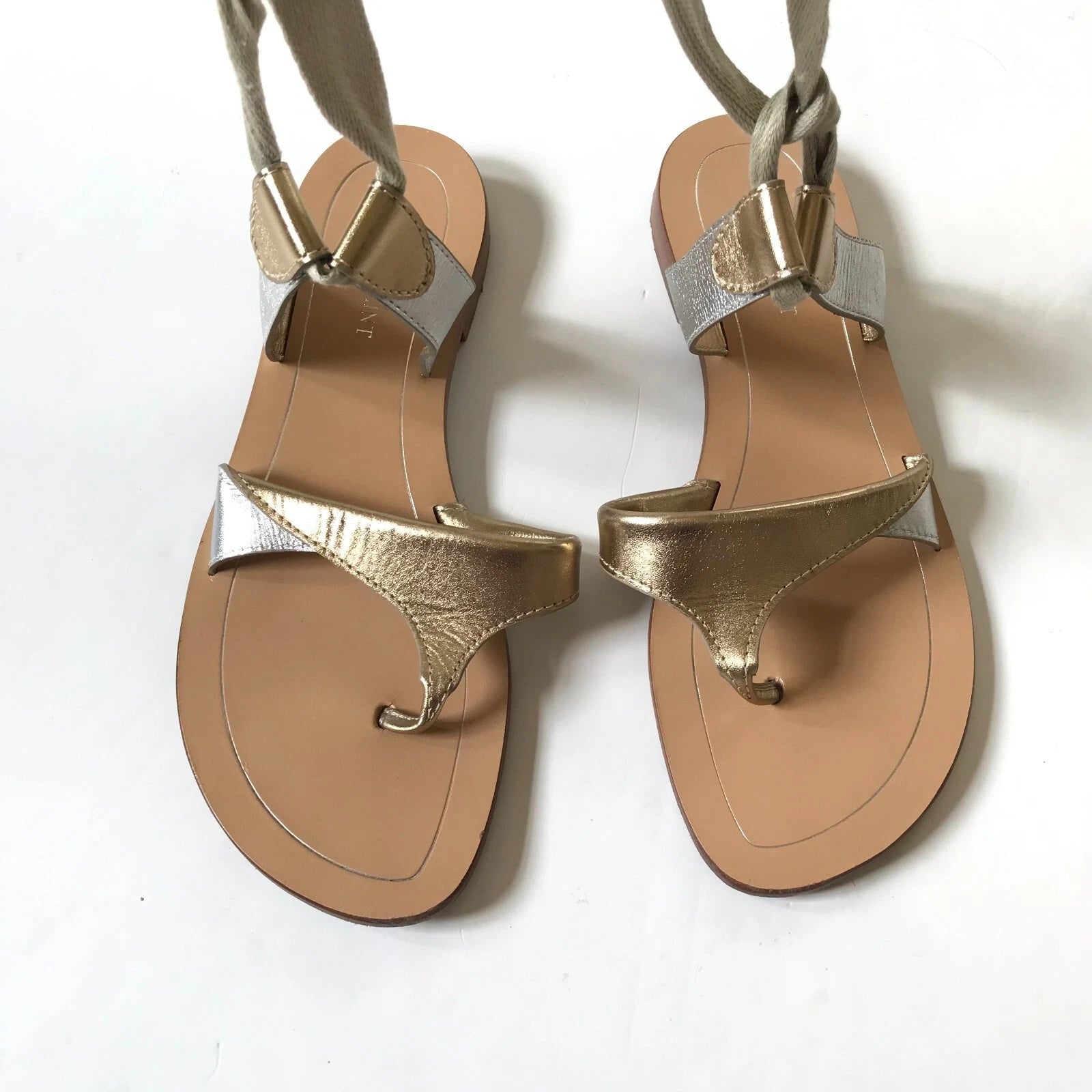 Sarah Flint Grear Gladiator Sandals Womens 38 8 Silver Gold Leather Lace Up Flat