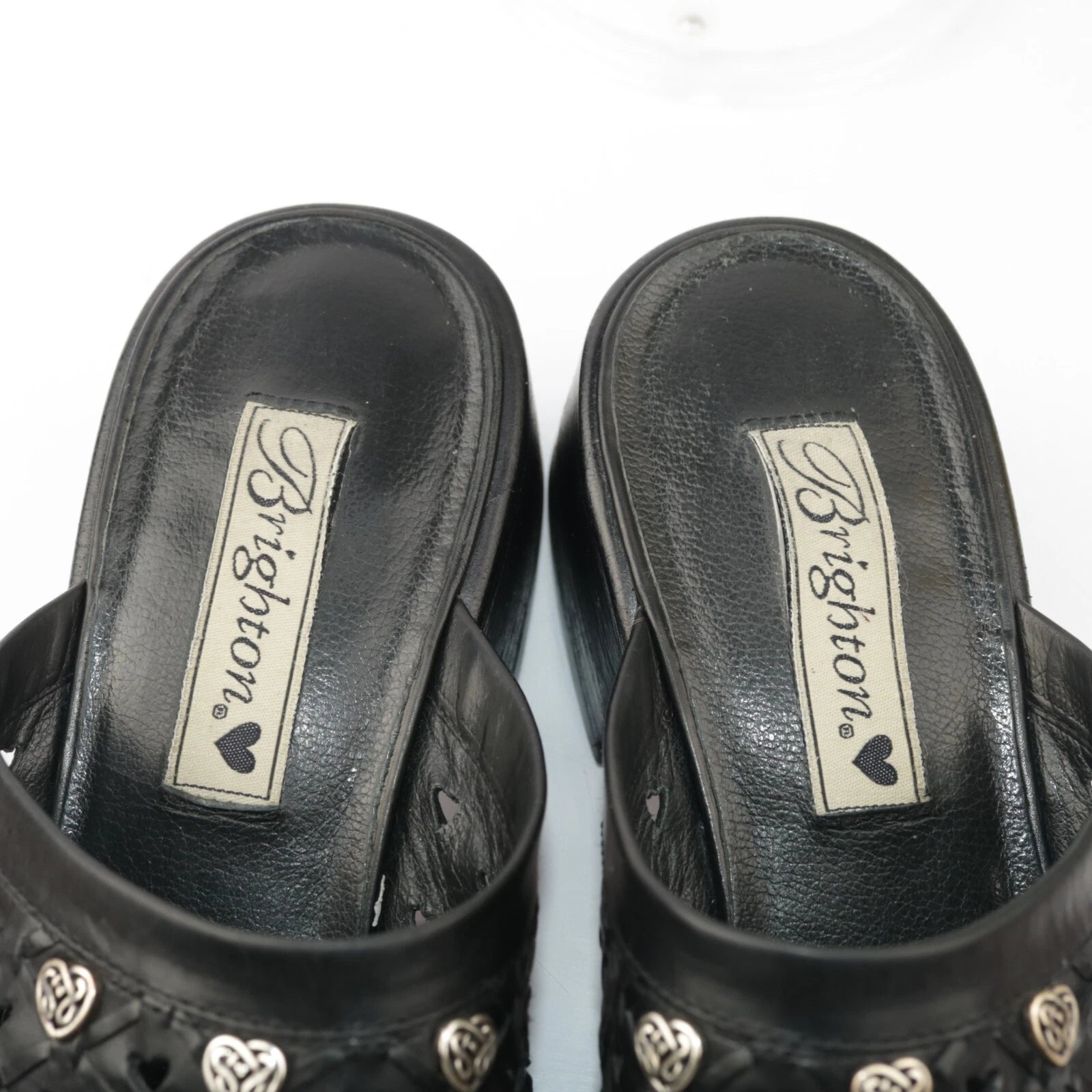 Brighton Womens Fanny Mule Size 8.5 Black Leather Block Heel Slide Woven Shoe