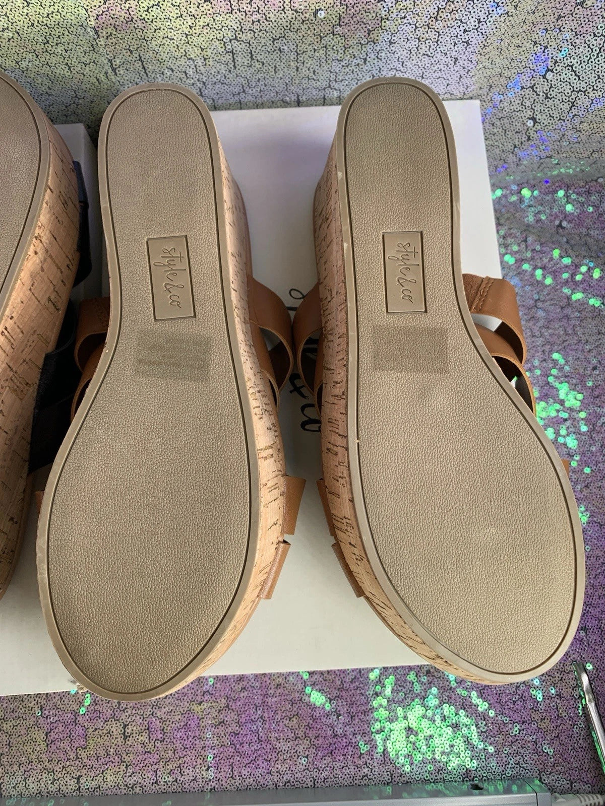 STYLE & CO Women's Black & Brown Smooth Violettee Slide Wedge Sandals SZ 9.5