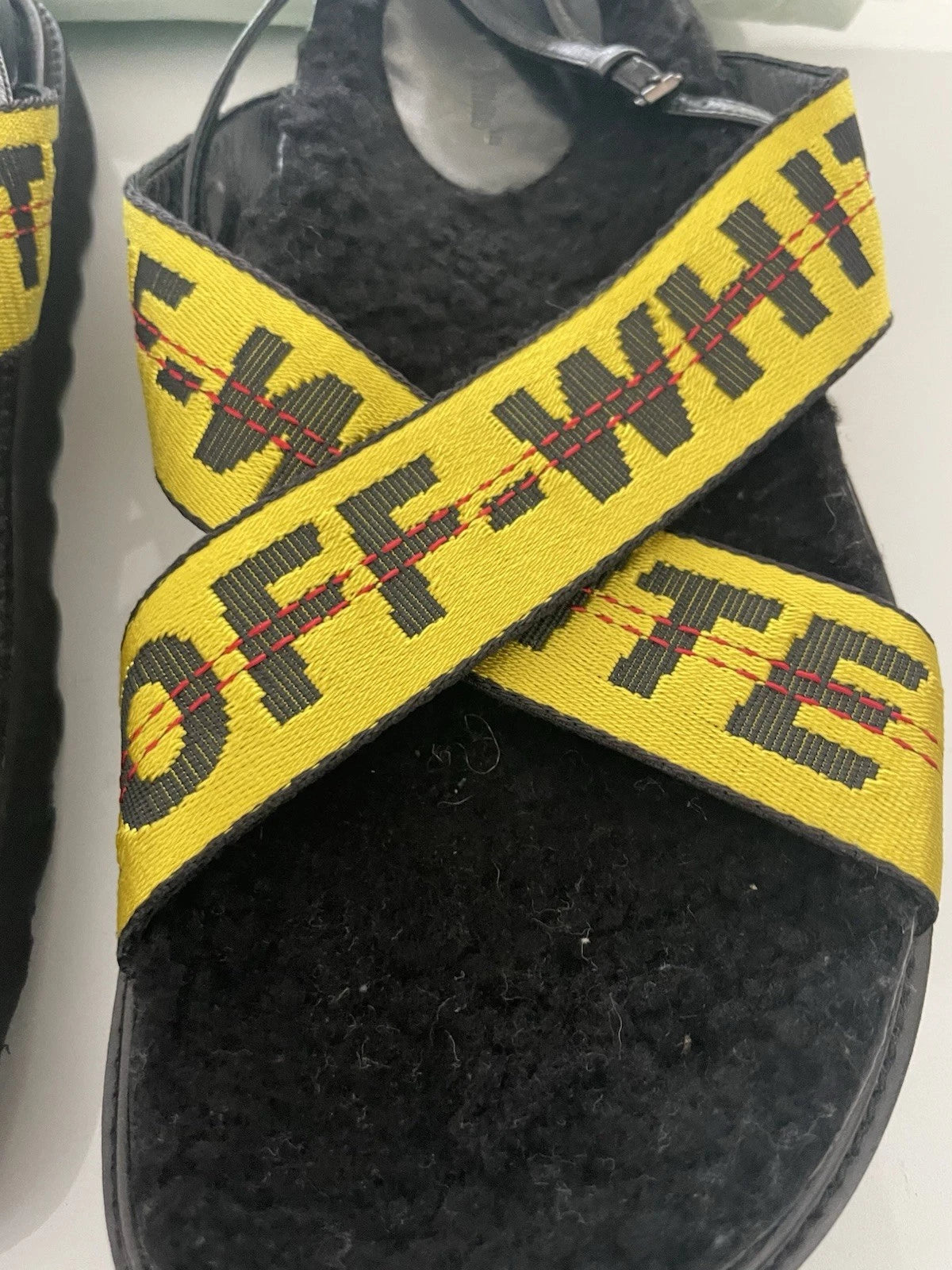 Off - White Yellow Canvas Leather Strap Sandals Women US 7.5