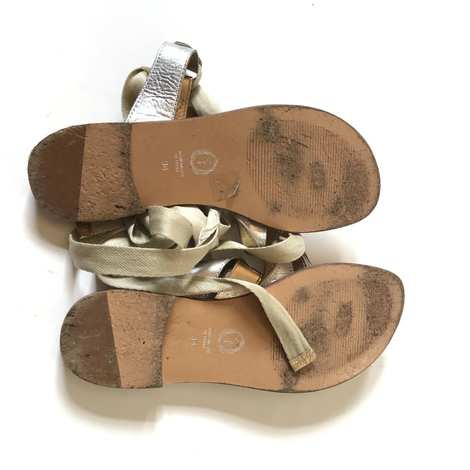 Sarah Flint Grear Gladiator Sandals Womens 38 8 Silver Gold Leather Lace Up Flat