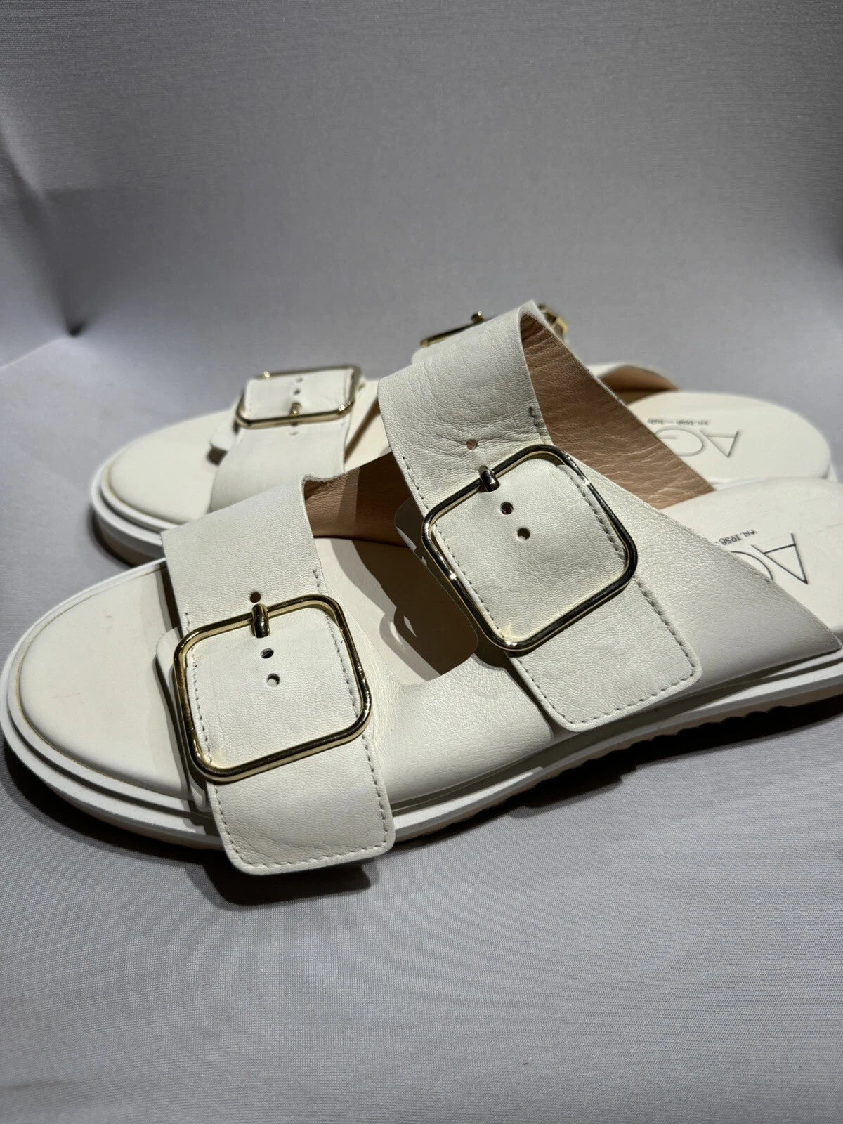 New Women's AGL Off White Sabina Leather Buckle Slide Sandals 39 EUR US 8-8.5