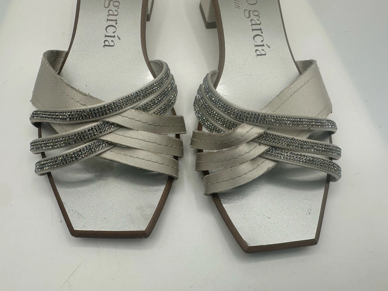 Pedro Garcia Light Gray Satin Swarovski Strap Slide Low-Heel Sandal Women Sz 38