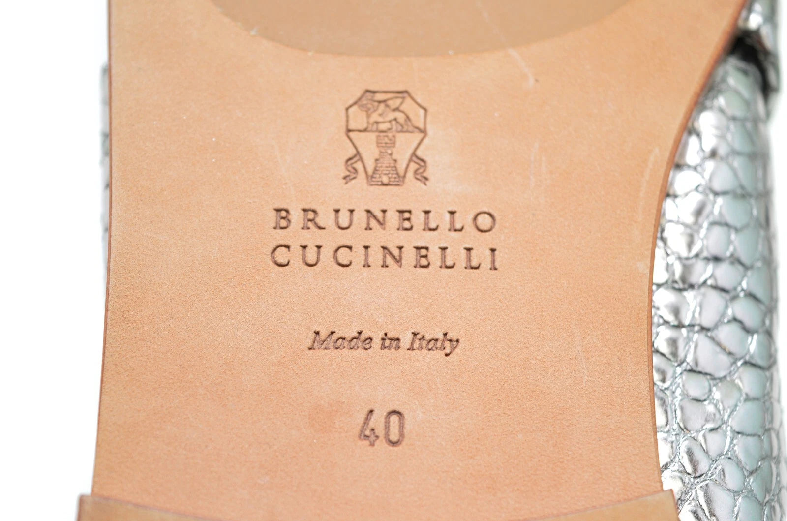 Brunello Cucinelli Reptile Print Metallic Silver leather Slide Sandals  Sz EU 40