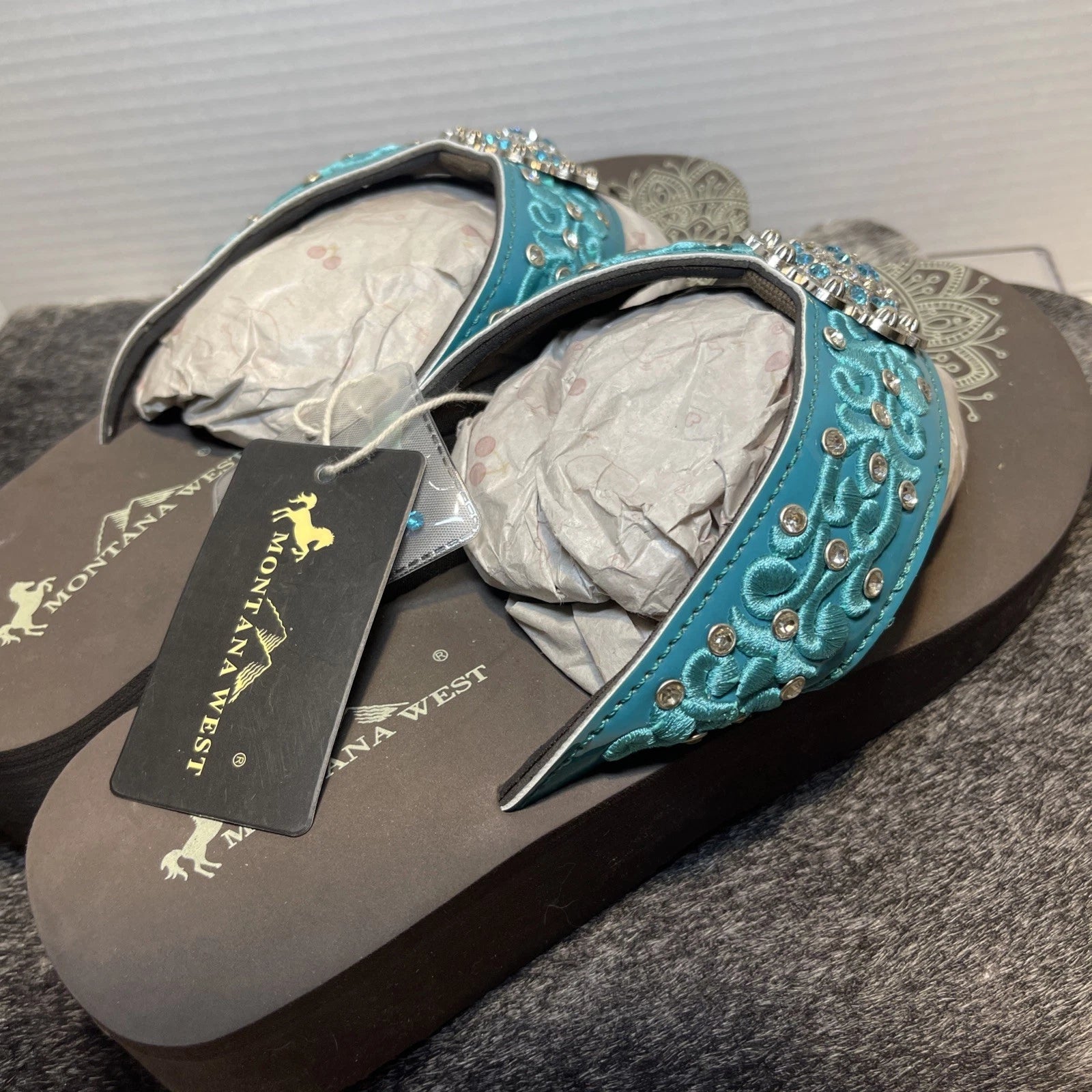 Montana West Teal Scroll Rhinestones/Studs Western Style Wedge Sandals Sz11-11.5