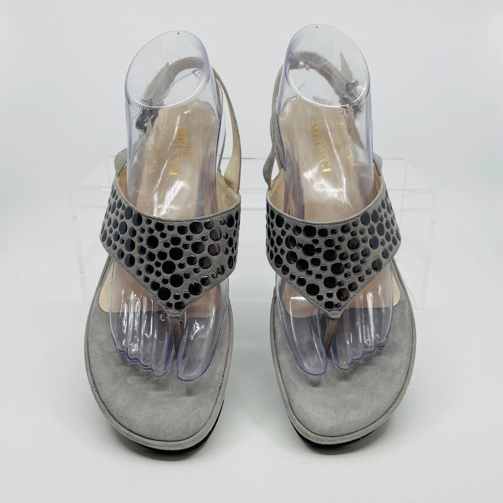 Sesto Meucci Size 10 Gray Suede & Silver Dots Wedge Toe Post Sandals NEW