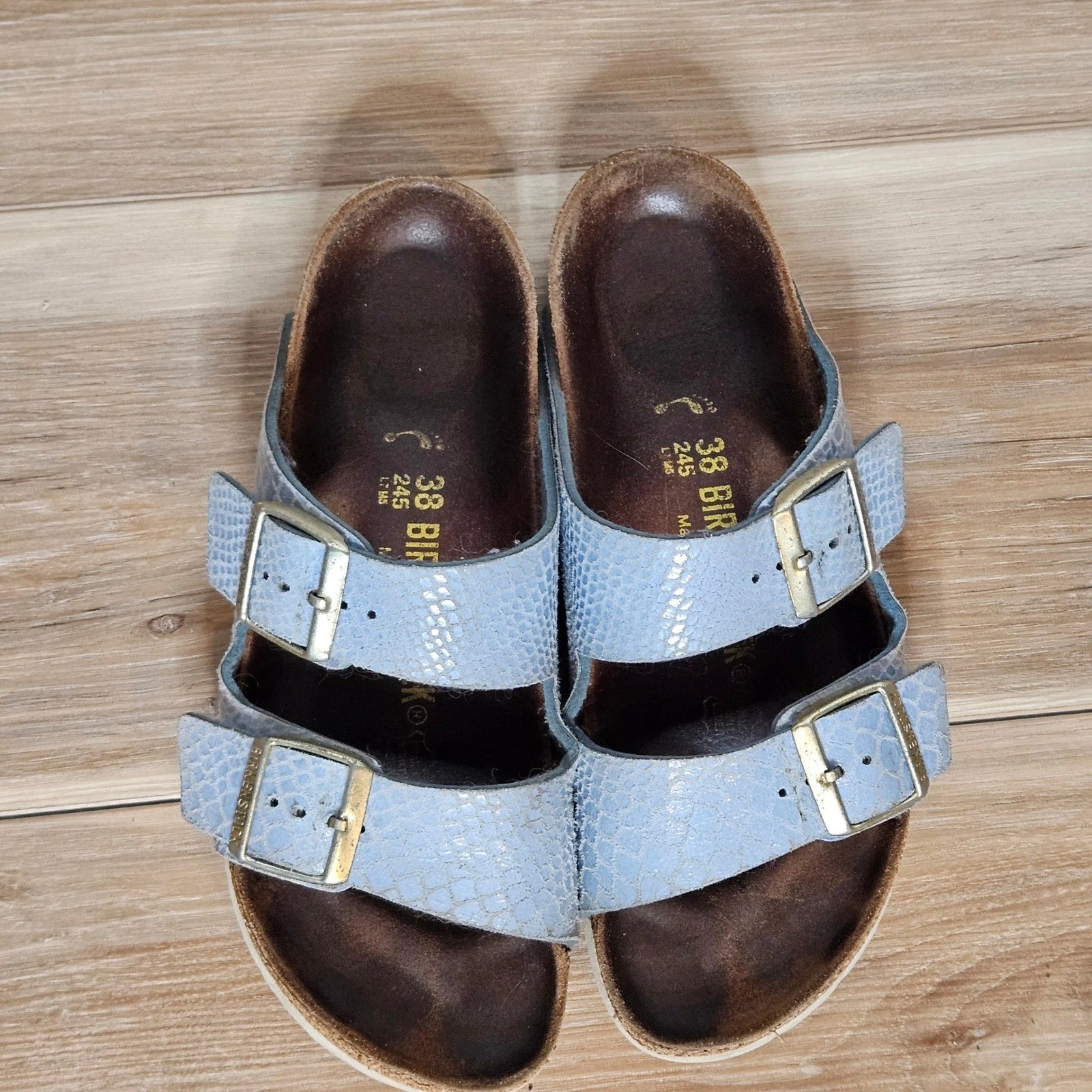 Birkenstock Arizona Sandals Women's EU 38 US 7 Blue Snake Embossed Leather