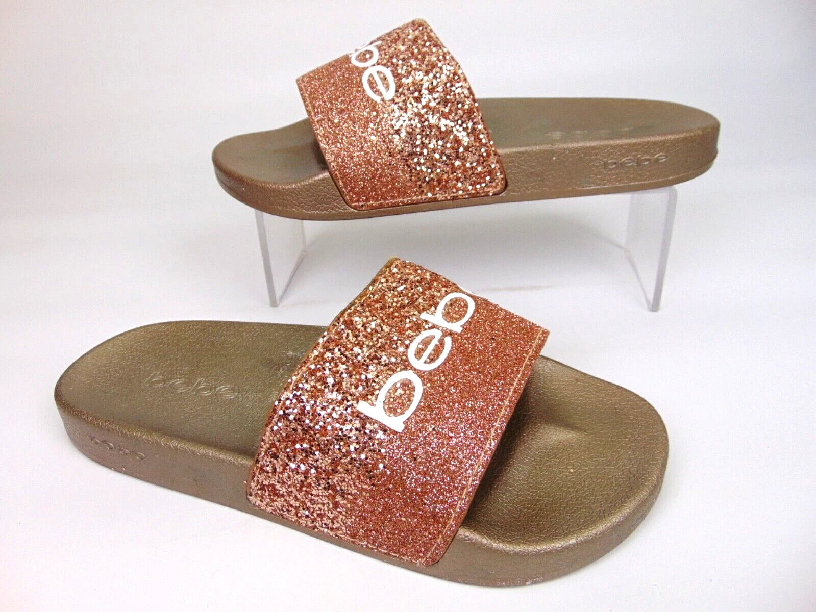 Bebe Women's Fraida Glitter Slide Fashion Sandals Flats Size 8.0 M, Rose Gold