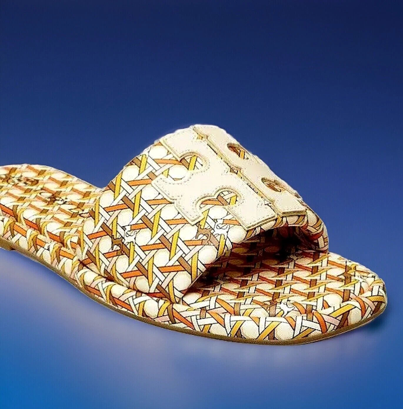 TORY BURCH DOUBLE T SPORT SLIDE SANDAL LEATHER MULTI PINK CANING/LOGO SZ 7.5 NIB