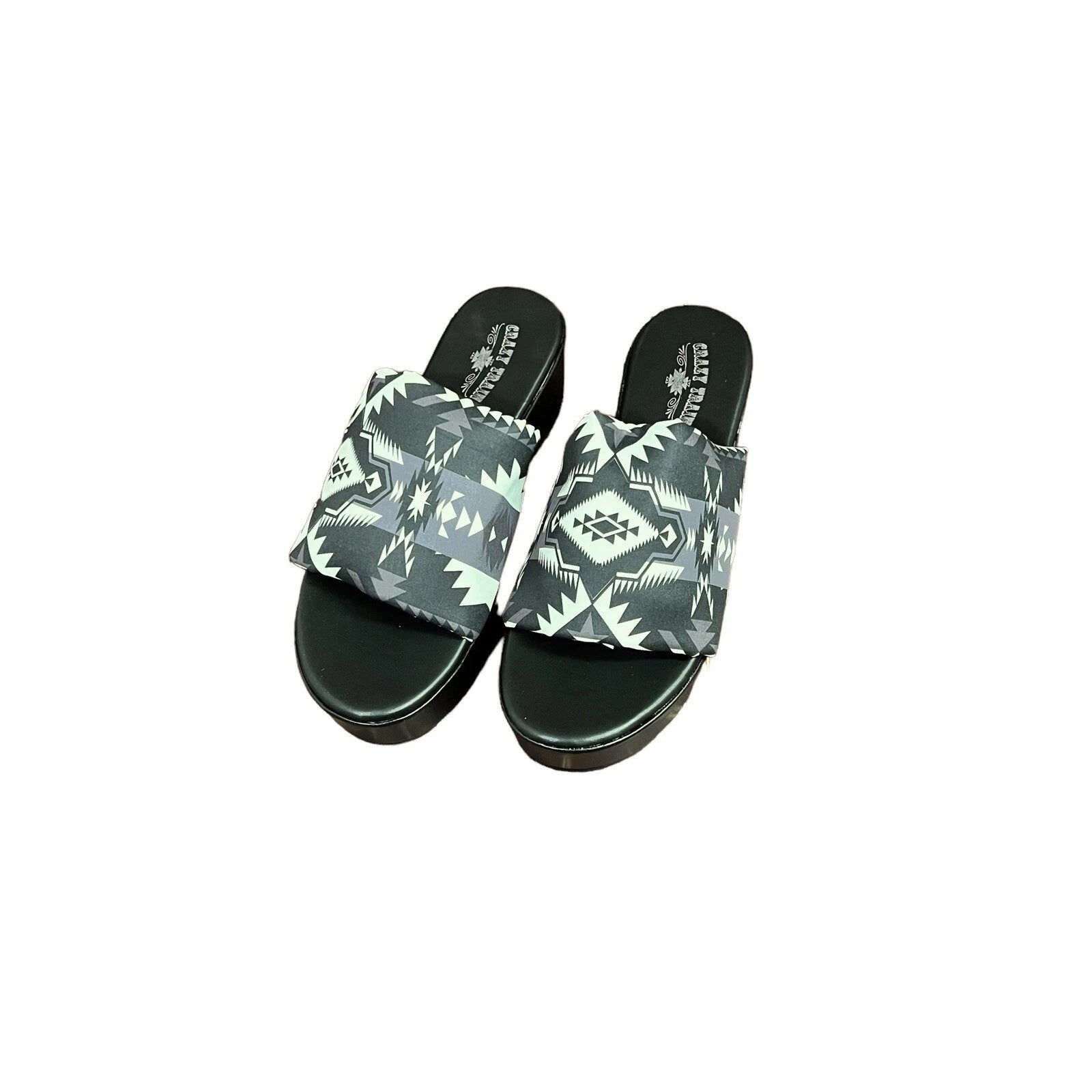 Crazy Train 90s Platty Aztec Bold Black & White Sandal Wedges Platform Slides 9