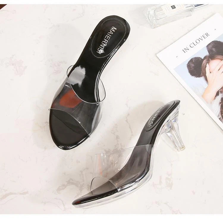 Summer Women's Clear High Mid Heel Sandals PVC Platform Shoes Slipper Slide Mule