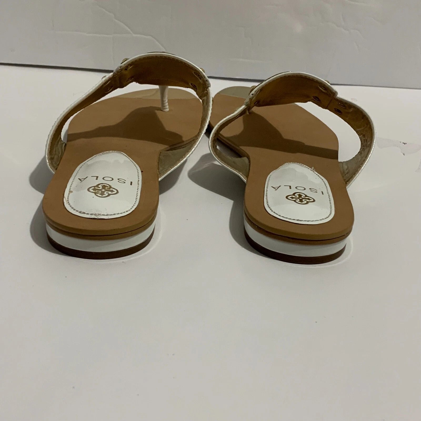 Isola White Gold Thong Sandal Flat Dress Shoe Open Heel Slide Women 7.5