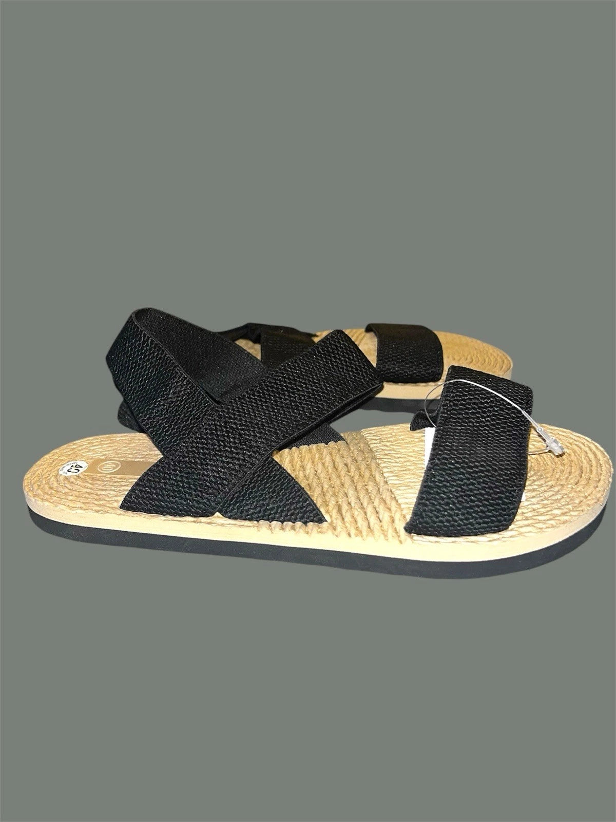 Black Woven Strap with Straw Style Sole Sandals Size 9.5 (40)