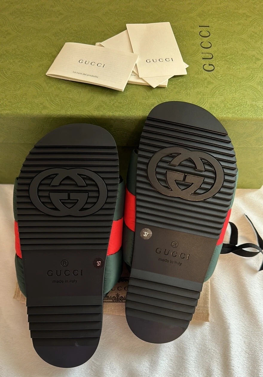 Gucci Web Puffer Nylon Slides Sandals Sz 37 Made In Italy BNIB