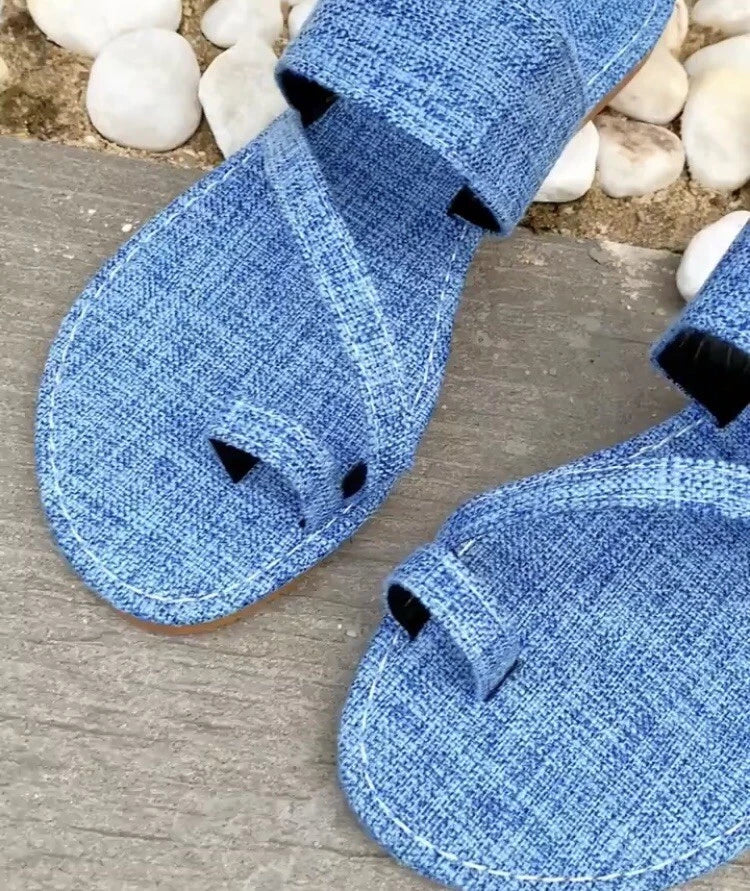 Fashion Blue Summer Statement Denim Thong Toe Designed Flat Sandals  Slides Shoe