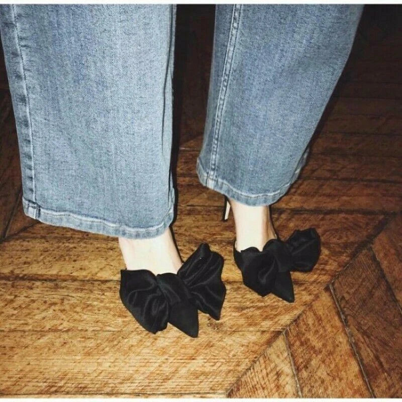 Fashion Womens Pointy Toe Big Bowknot Mules High Stiletto Heel Slippers Party