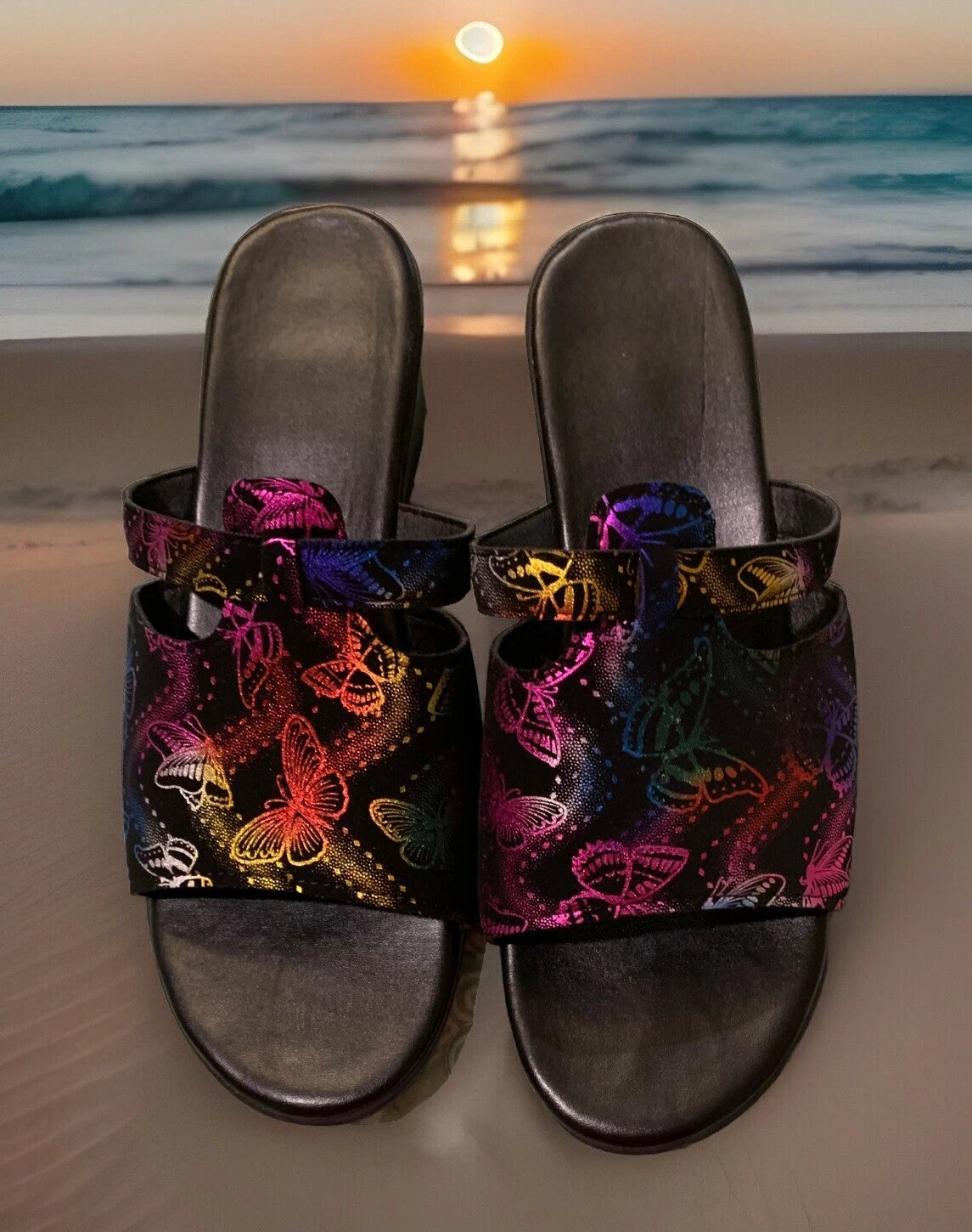 FASHION Metallic Rainbow Butterfly Slip-On Wedge Heel Sandals Size 9 / 40 NEW