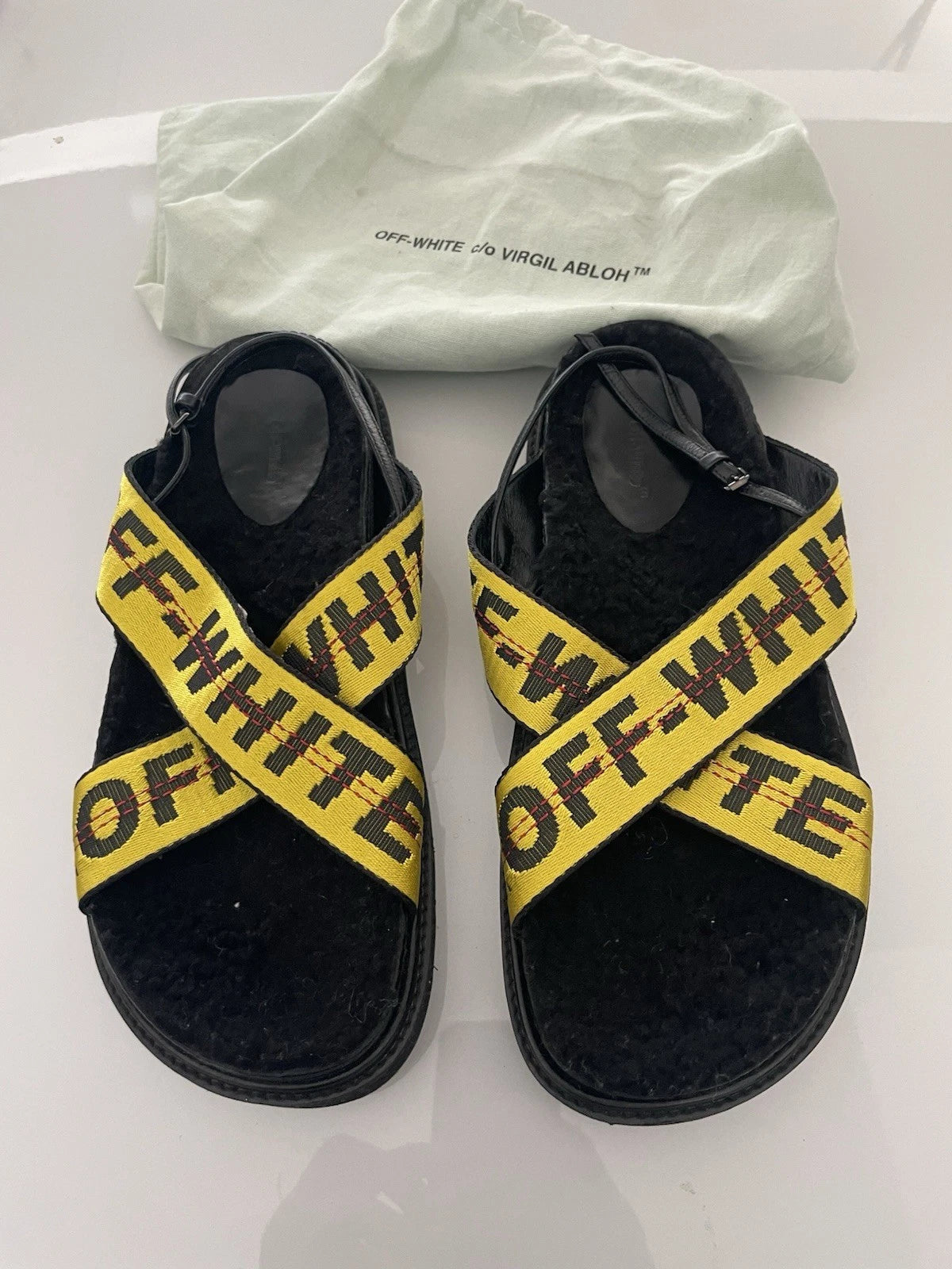 Off - White Yellow Canvas Leather Strap Sandals Women US 7.5