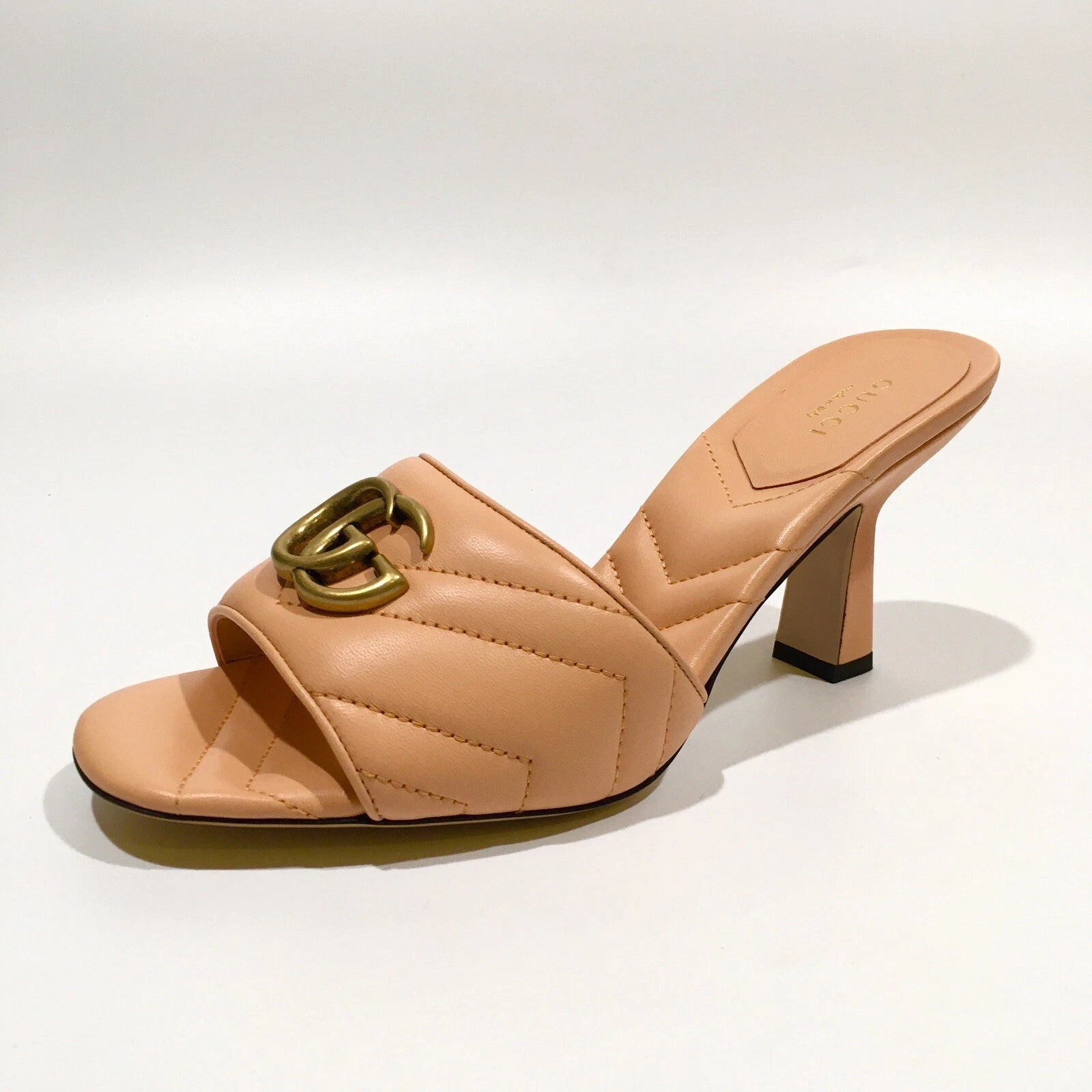 GUCCI GG MARMONT QUILTED LEATHER MULE SANDAL -PEACH -US 8.5 -NEW