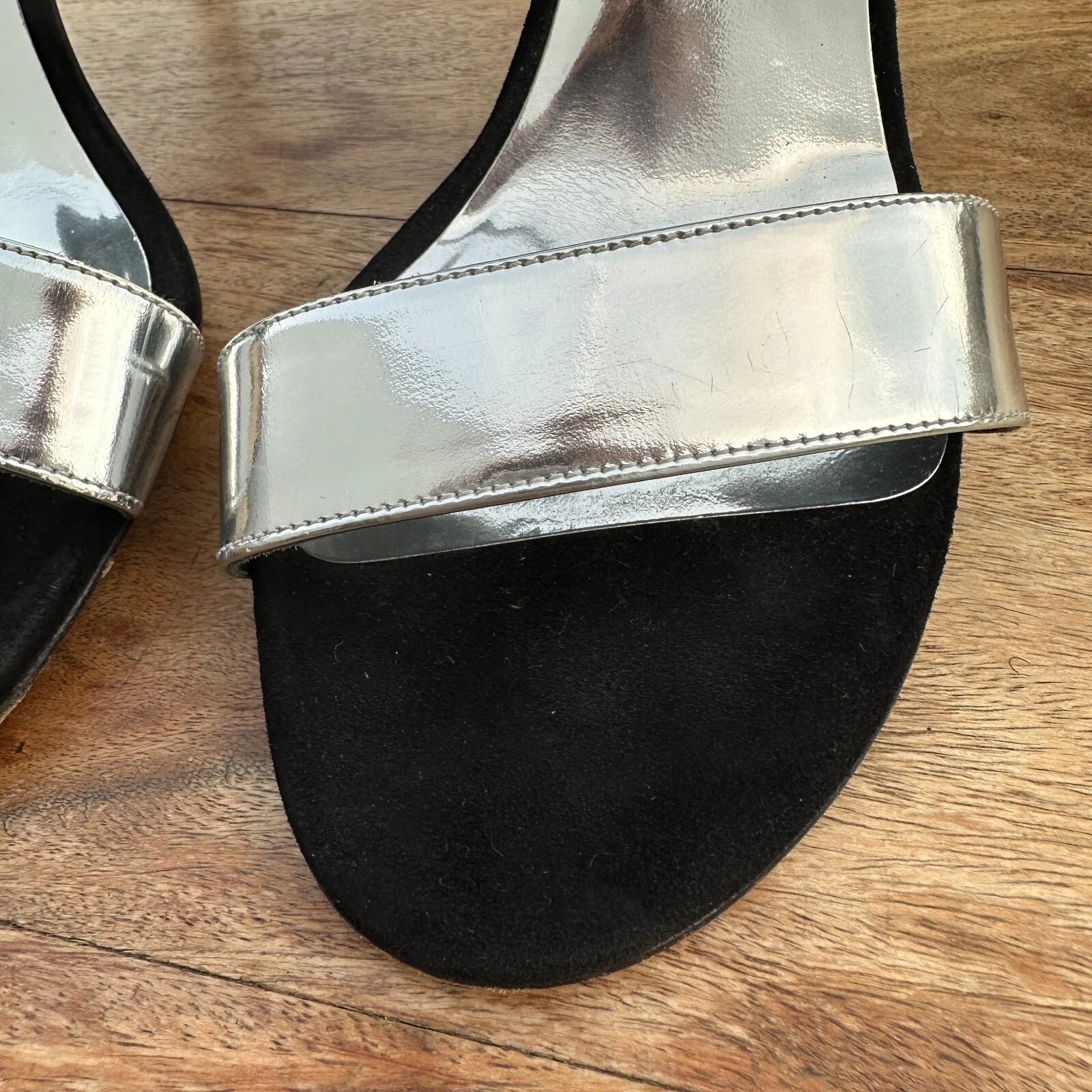 STUART WEITZMAN Slide Black Suede & Silver High Heels Size 8 Sandals Designer