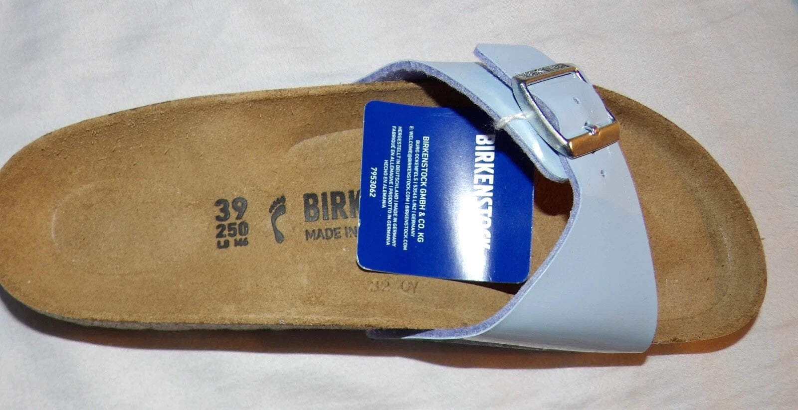Birkenstock Madrid Big Buckle Lady Narrow Size 8 Patent Dove Blue Leather Sandal