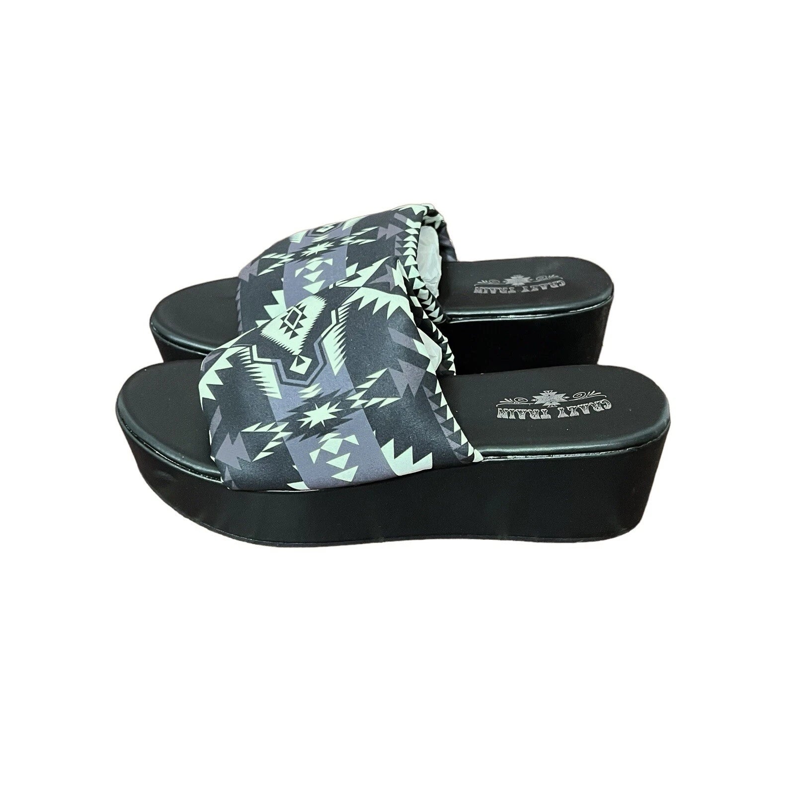 Crazy Train 90s Platty Aztec Bold Black & White Sandal Wedges Platform Slides 9