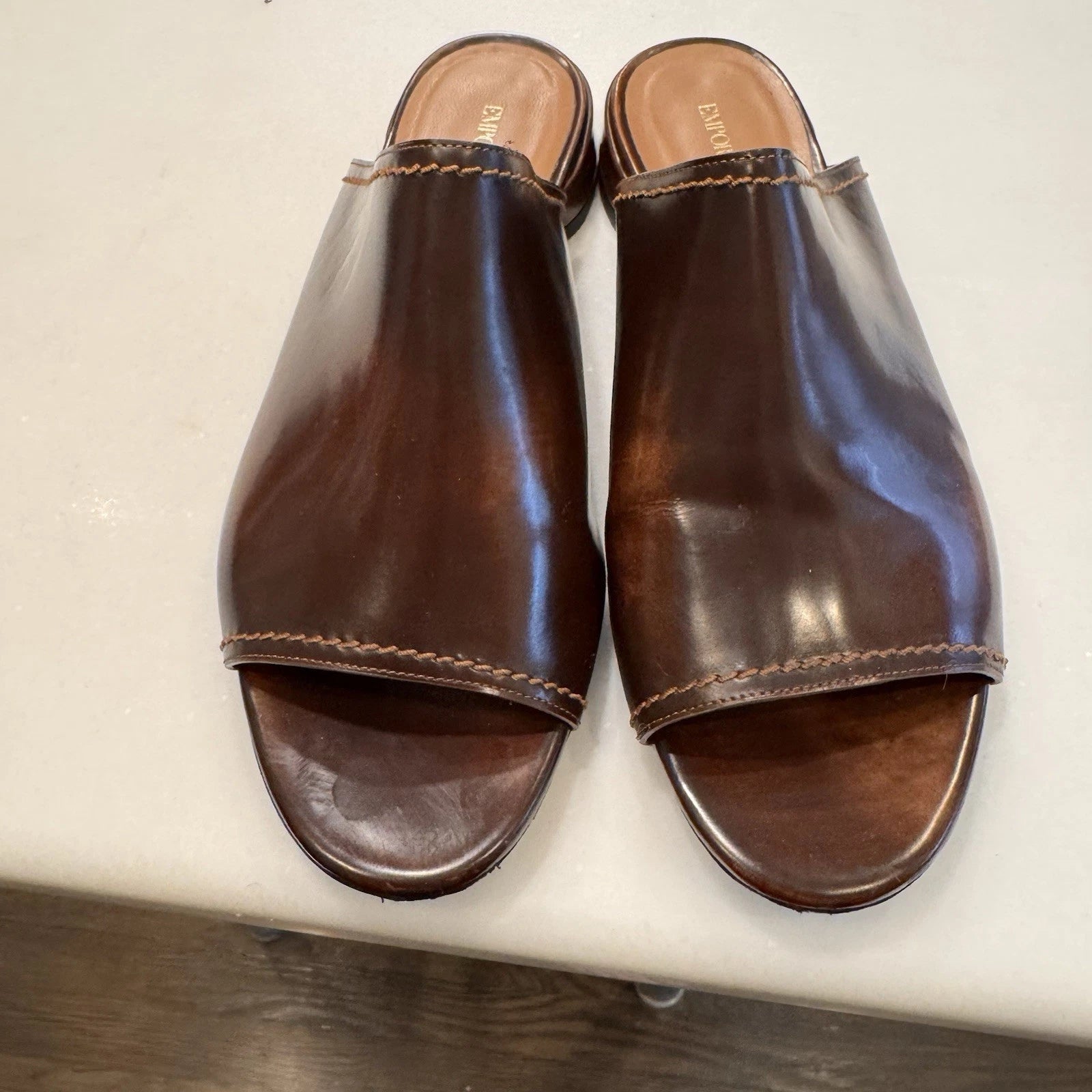 Emporio Armani Women’s Open Toe Slide Mules Brown Leather Size US 9 EU 39