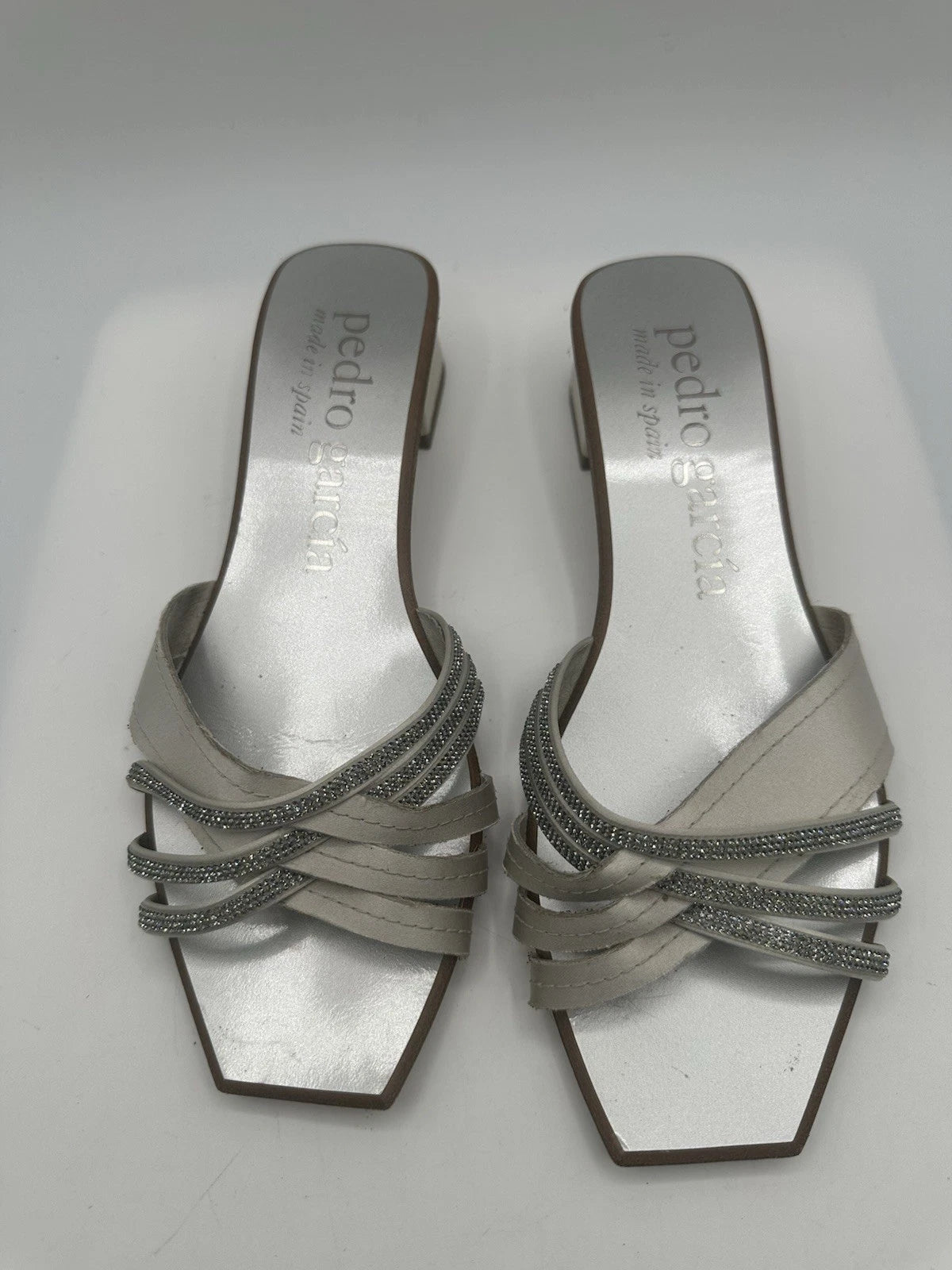 Pedro Garcia Light Gray Satin Swarovski Strap Slide Low-Heel Sandal Women Sz 38