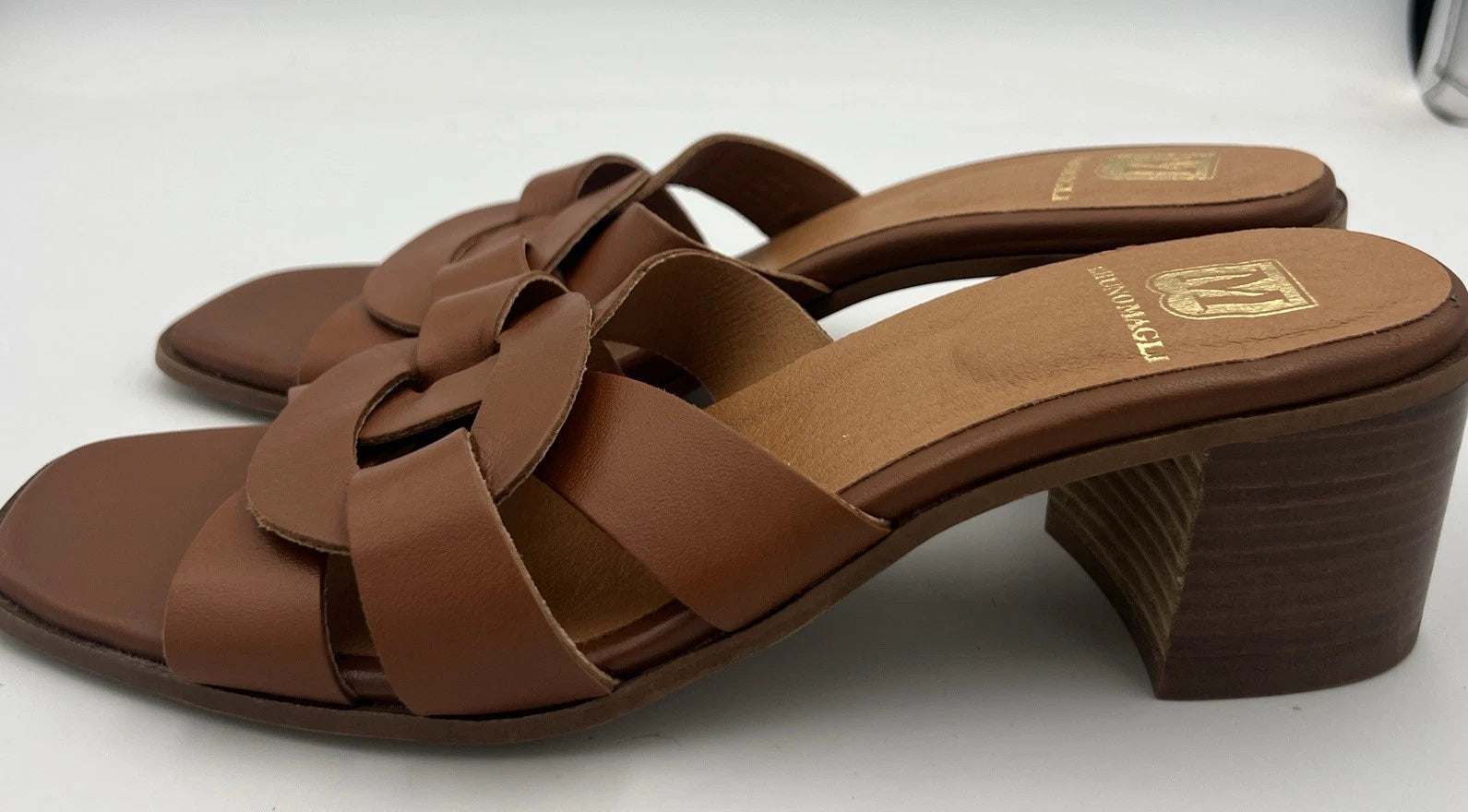 BRUNO MAGLI ARIA Block Heel Brown Leather Slide Sandal Women's Size 9M NEW