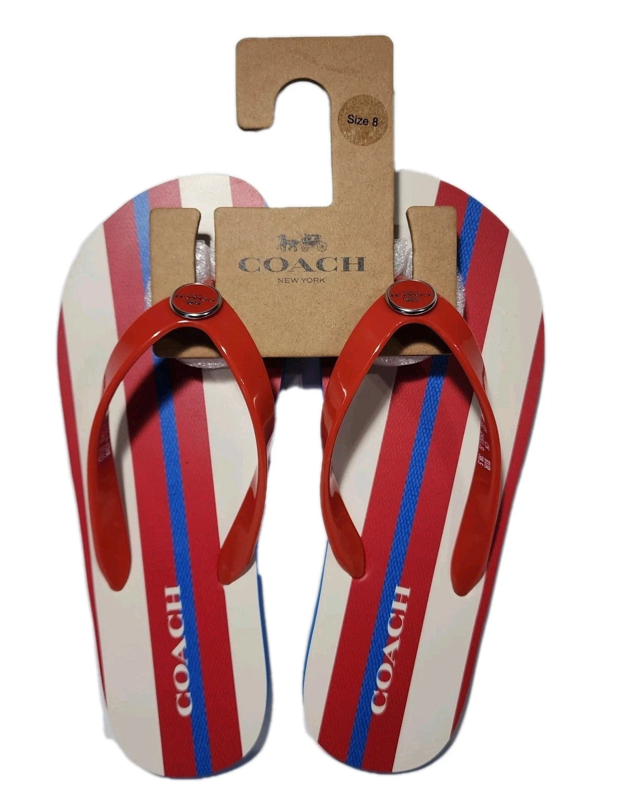 Coach New York Women's  Flip Flop Sandals Stripe Print Red White Blue Size 8 NWT