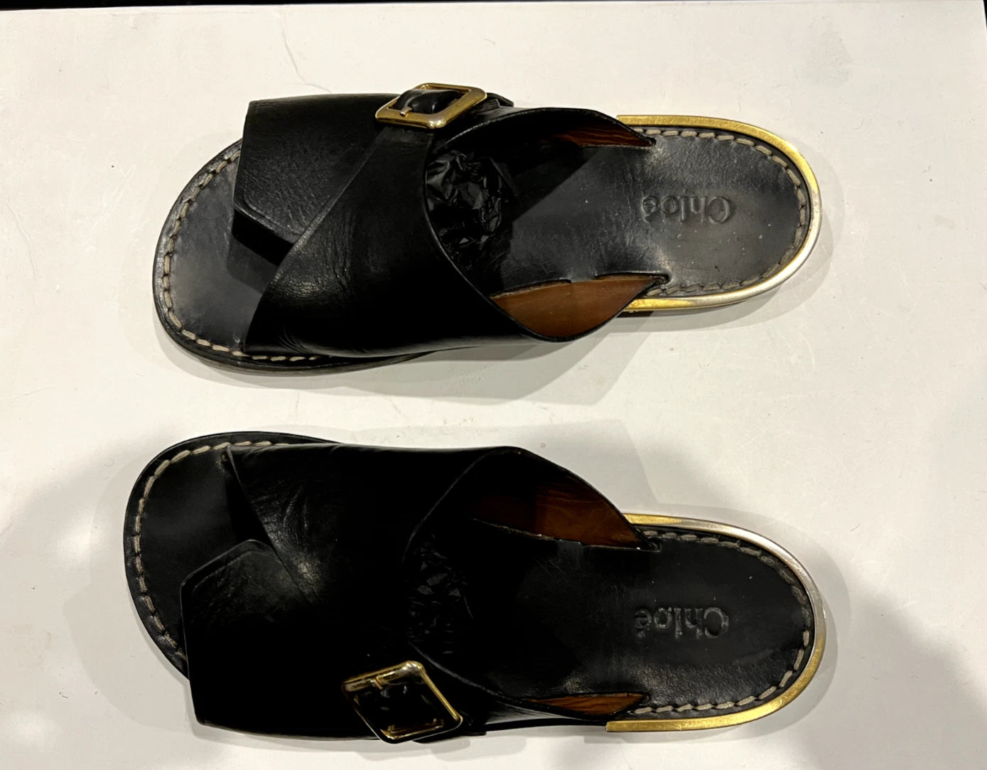 CHLOE Black Leather, 1 Buckle Slides, Sandals, Flats with Gold-tone Trim 36EU/5