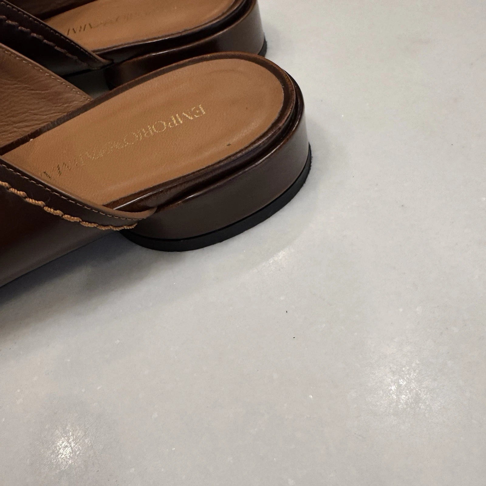 Emporio Armani Women’s Open Toe Slide Mules Brown Leather Size US 9 EU 39