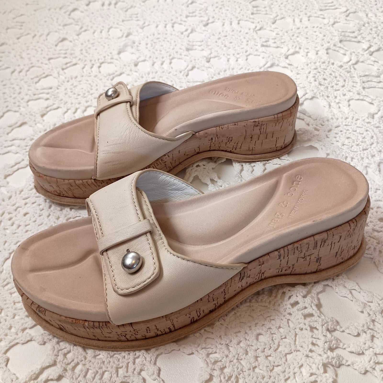 Rag & Bone Platform Sandals Ivory Leather Slide Slip On Flat Cork Mid 7 Women 37